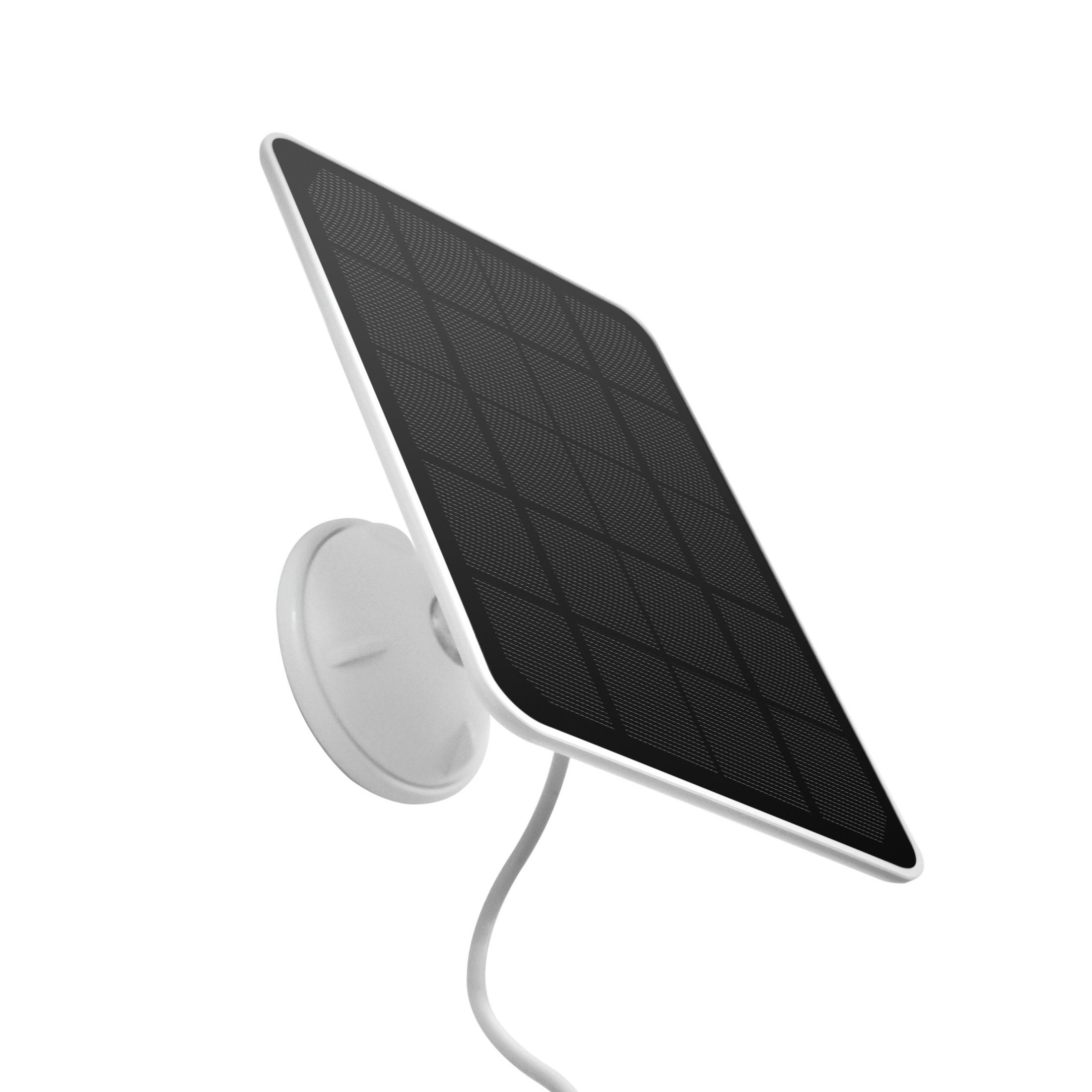 Un panel solar blanco con superficie negra estampada y cable blanco.