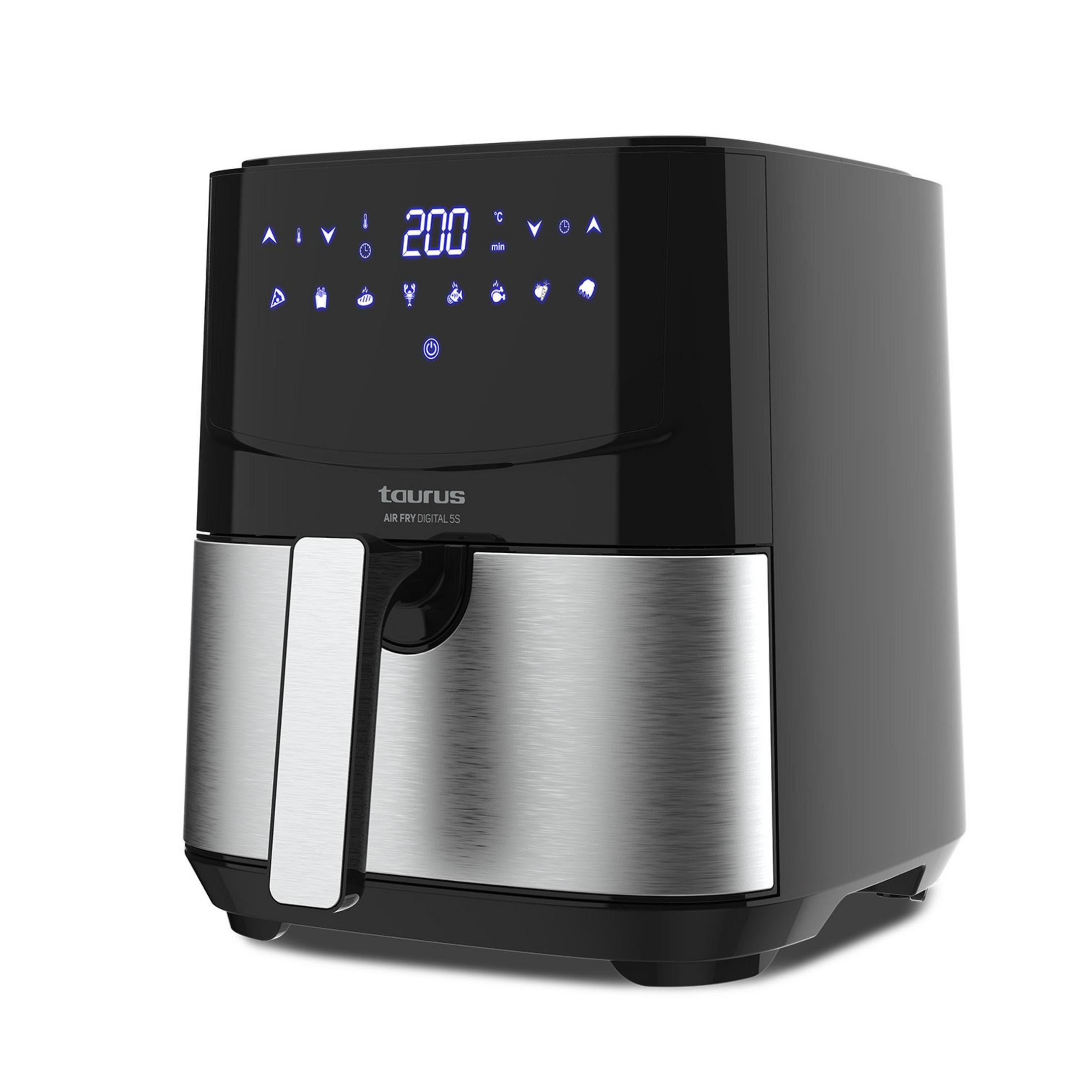 Friggitrice ad aria Taurus nera con display digitale che mostra 200 gradi e varie icone.