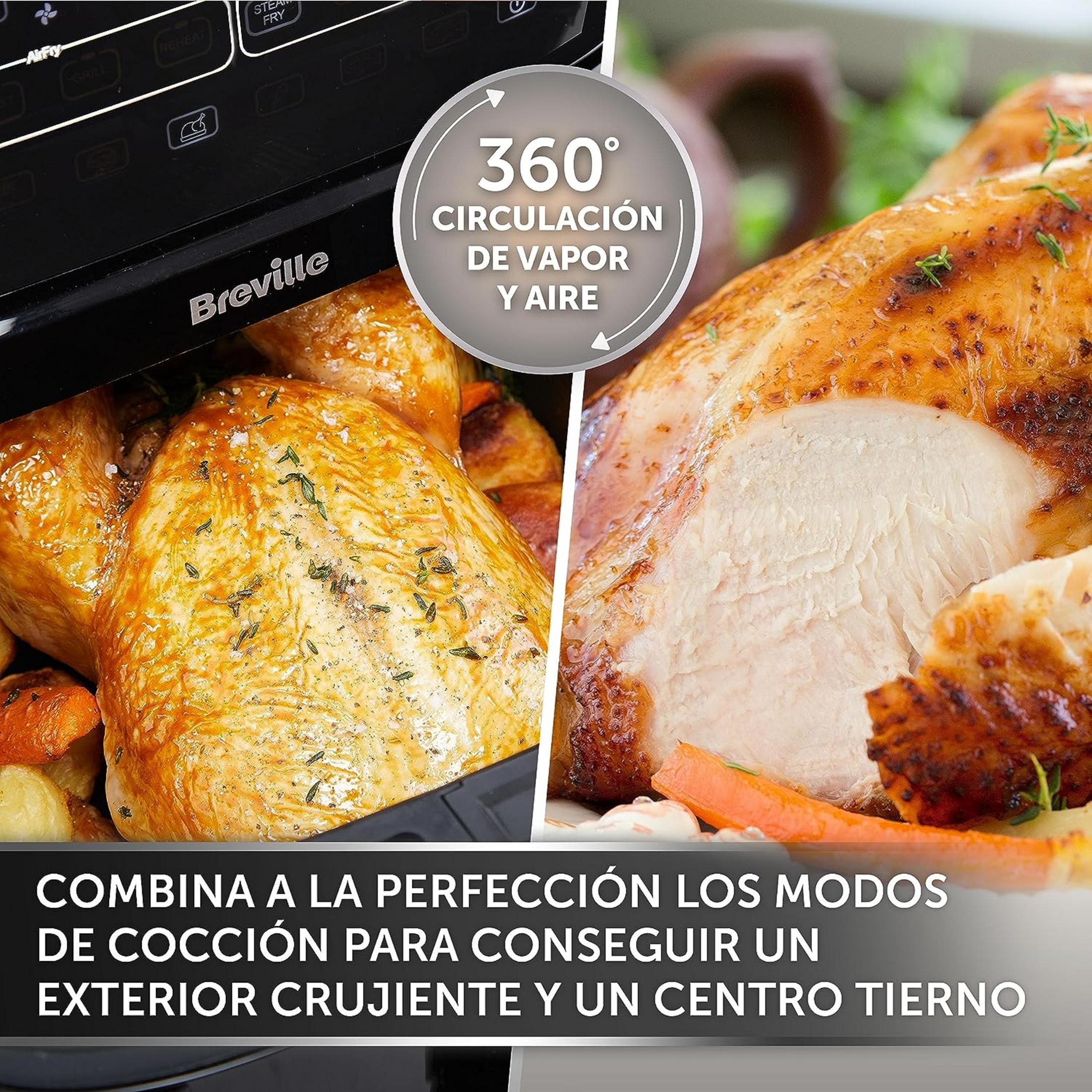 Freidora de aire con pollo asado, verduras y texto.