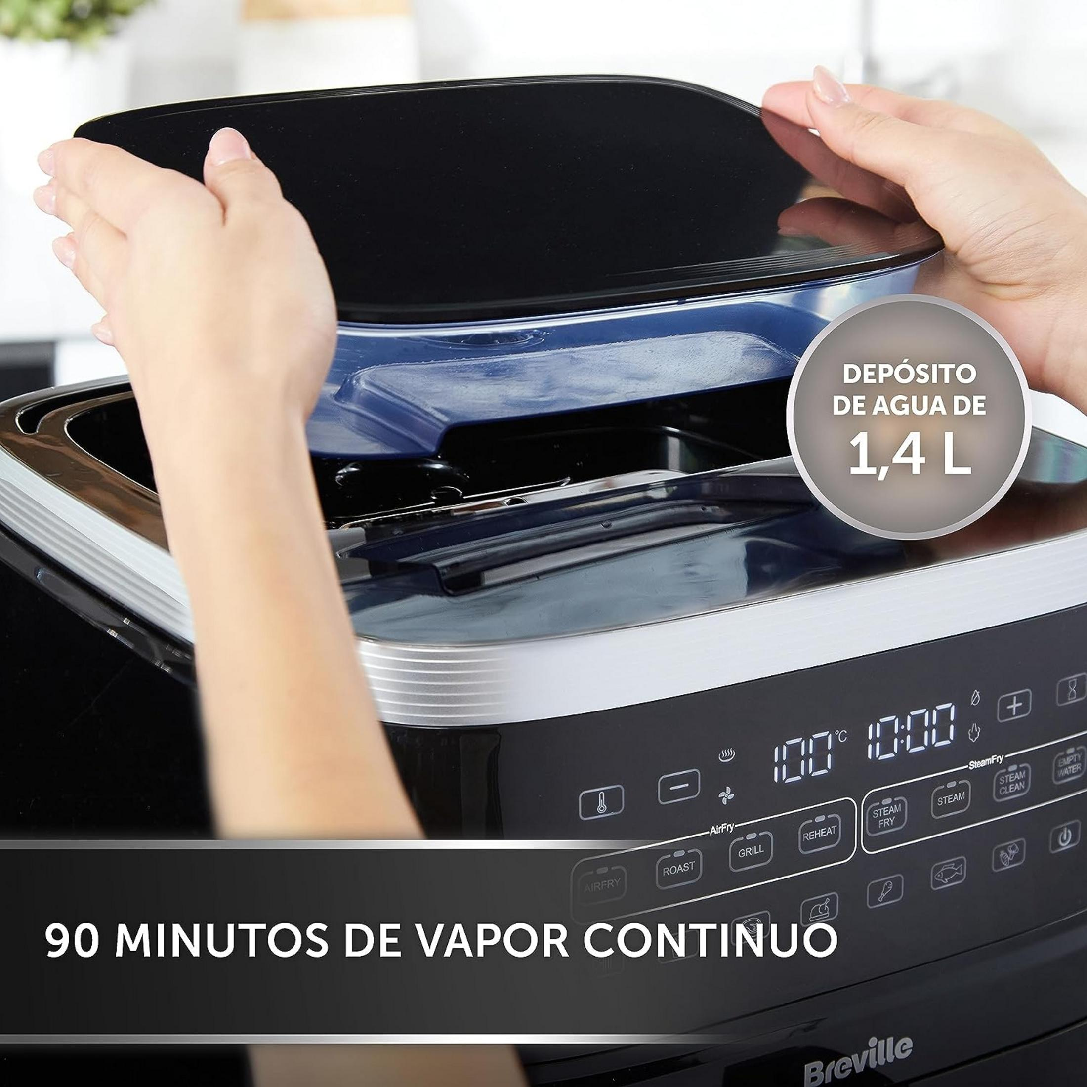 Persona cierra tapa, depósito 1,4L, 90 min vapor continuo.