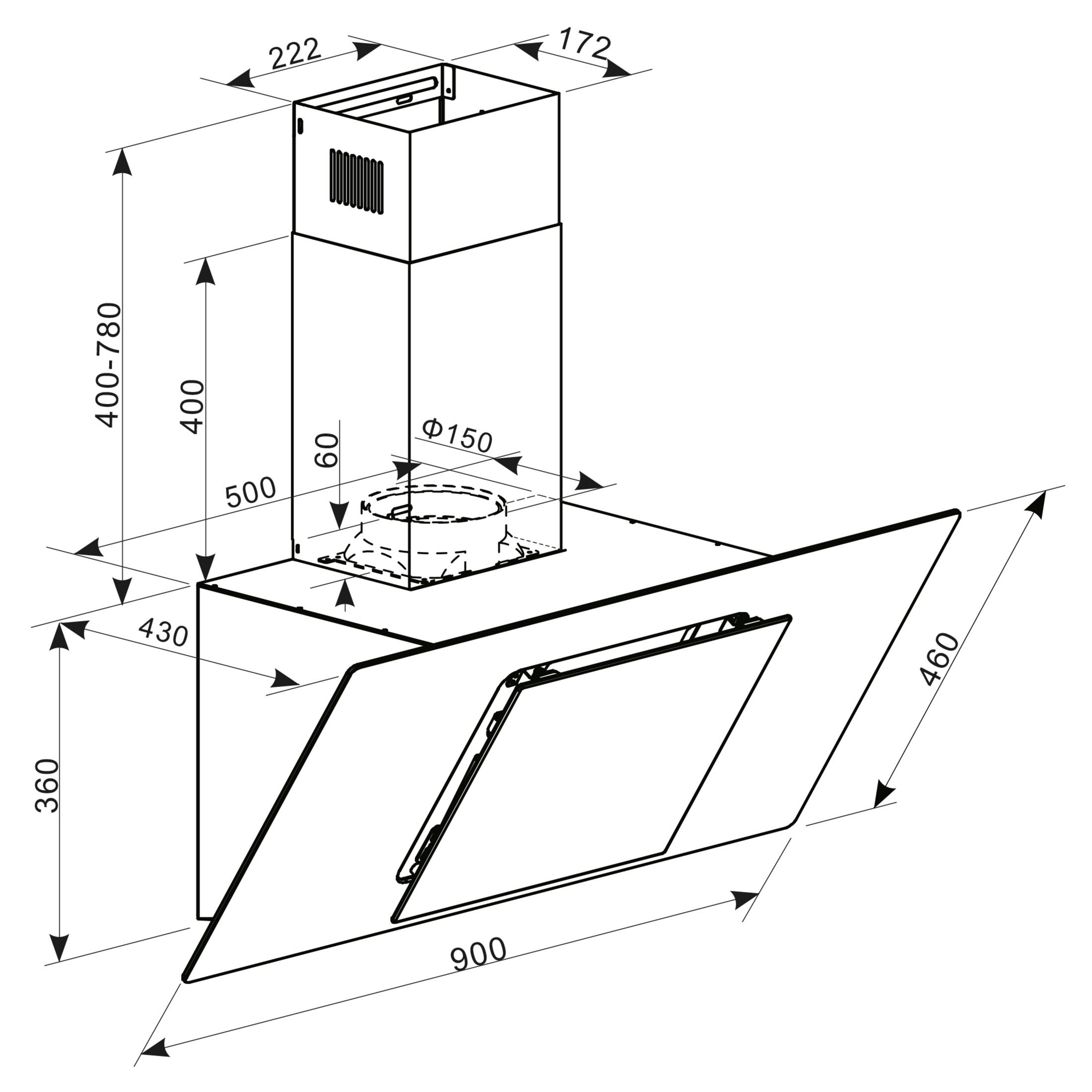 Dibujo técnico de una campana extractora con dimensiones.