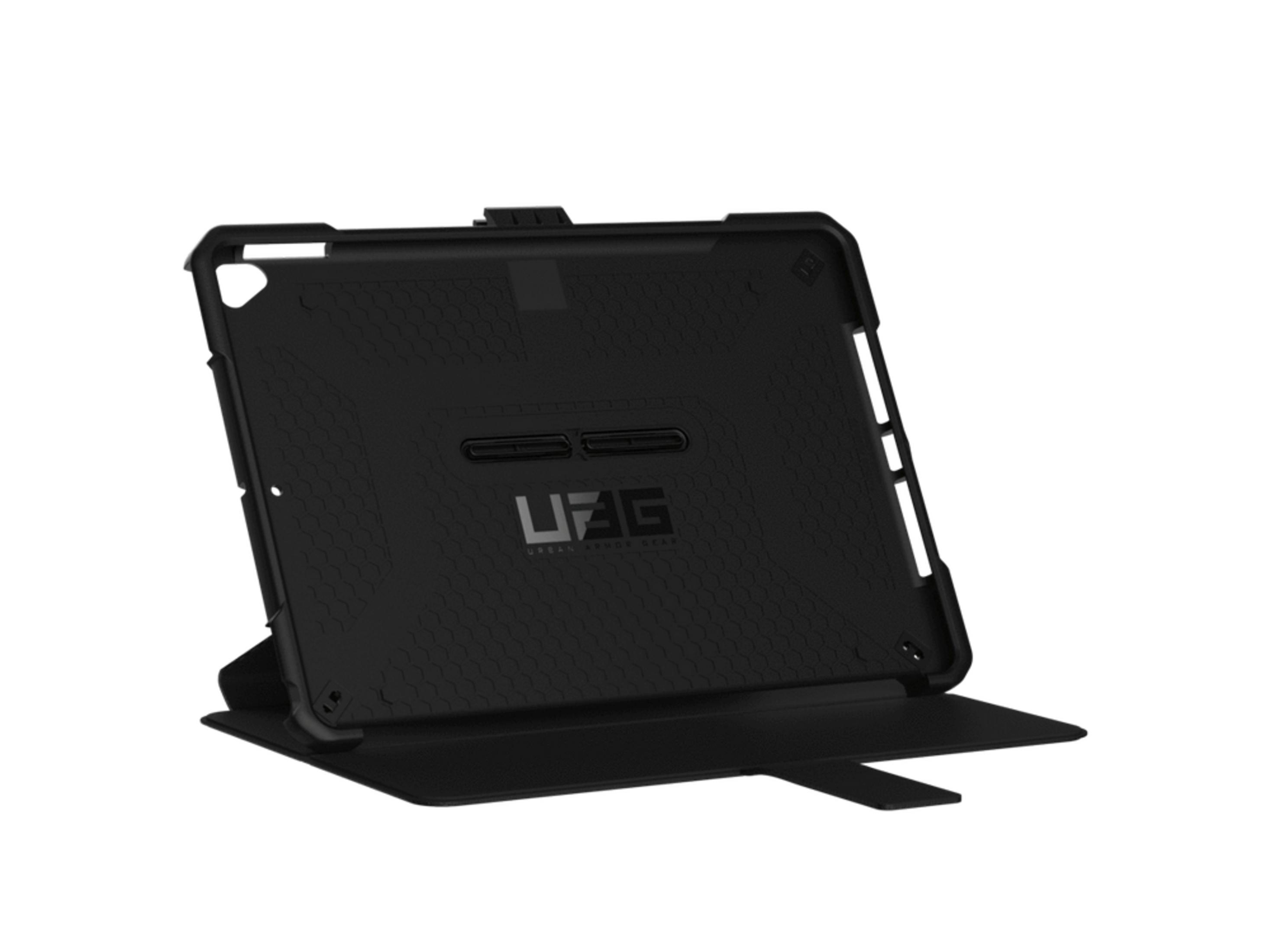 Funda negra para tableta con logo UAG y patrón de panal.