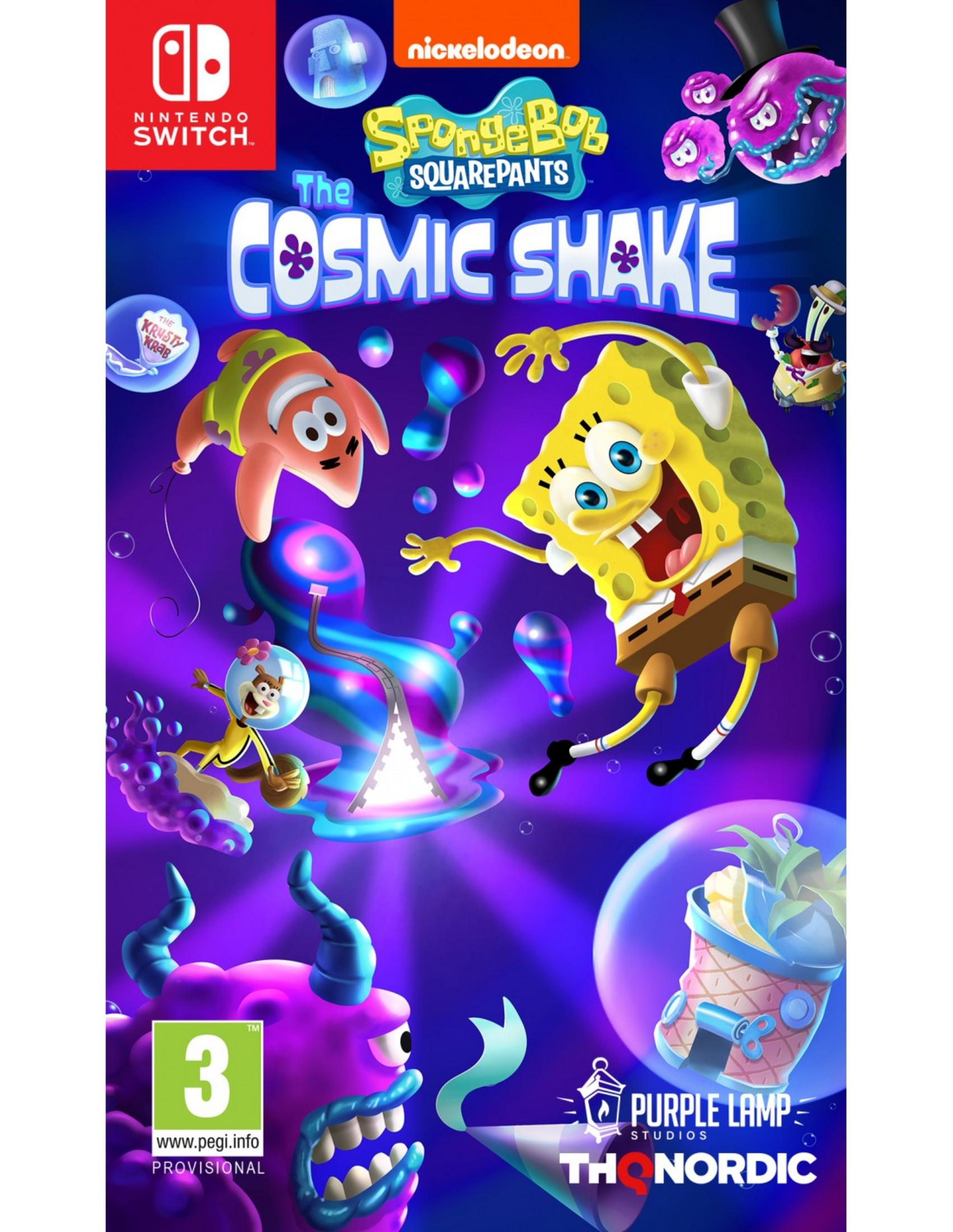 Bob Esponja y Patricio flotan ante el título del juego 'The Cosmic Shake'.