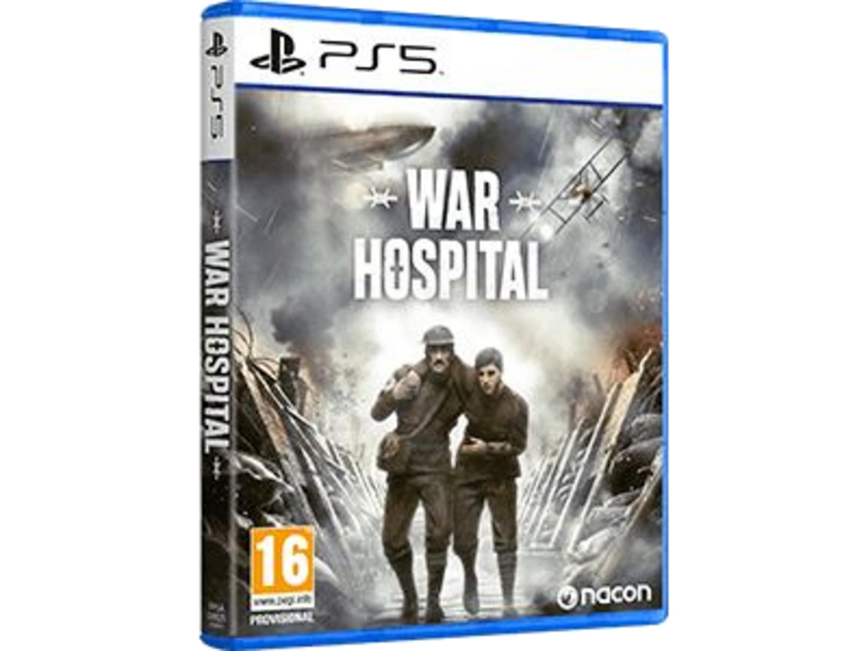 Gra PS5 "War Hospital": Dwóch żołnierzy przed gruzami, sterowiec i samolot na niebie.
