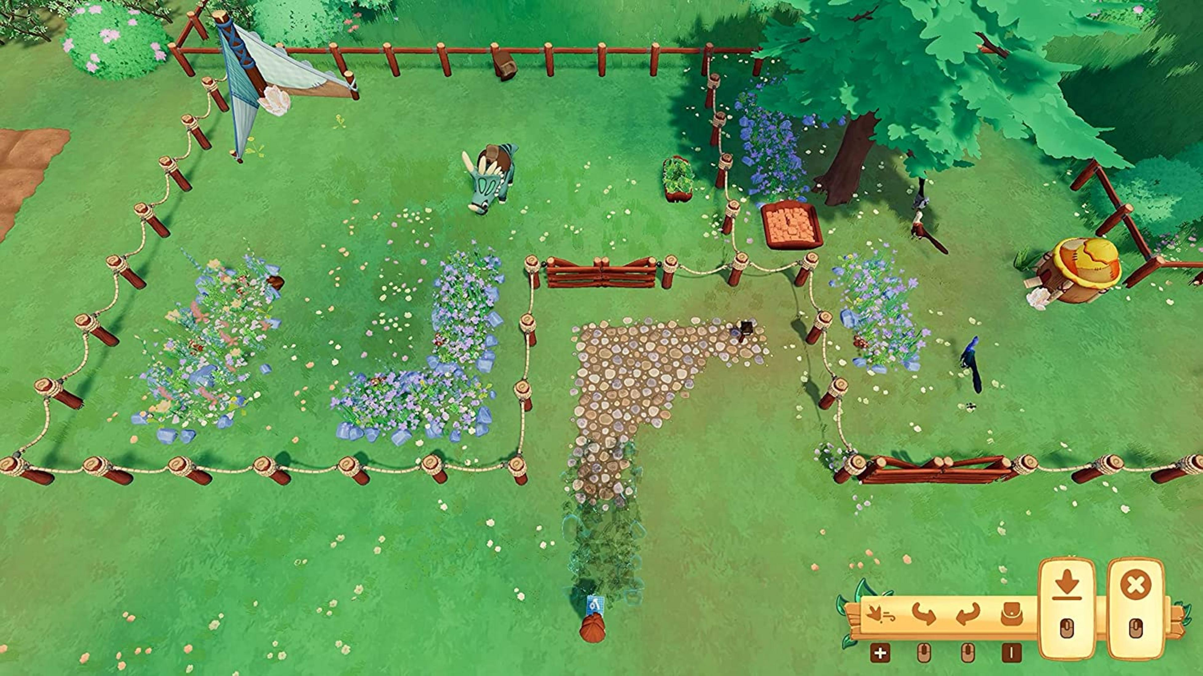 Una escena de granja al aire libre con cercas, plantas, un animal y una tienda.