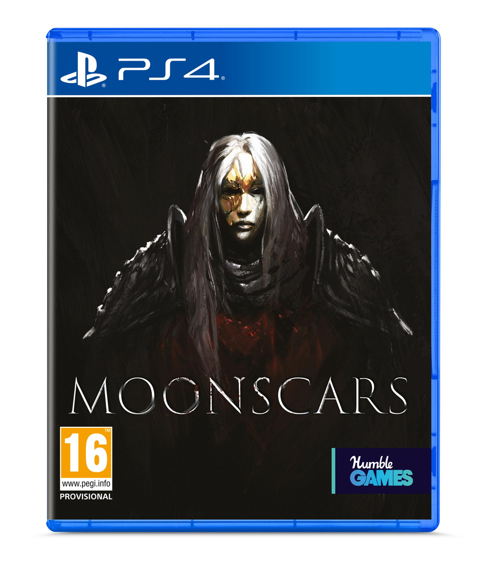 Copertina gioco PS4 per Moonscars con figura oscura e classificazione PEGI 16.