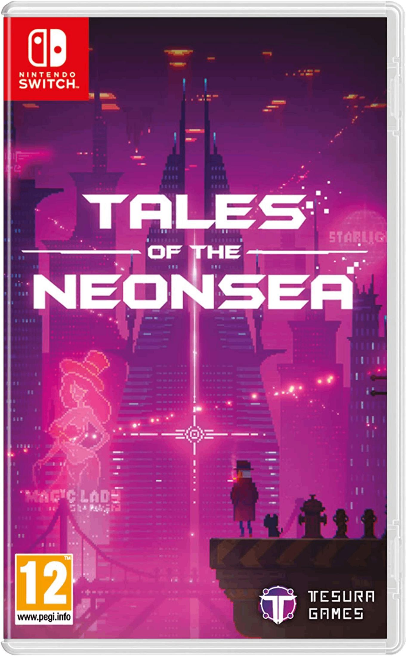 Copertina gioco Nintendo Switch: Tales of the Neon Sea. Città pixel art con sfumature rosa e viola.