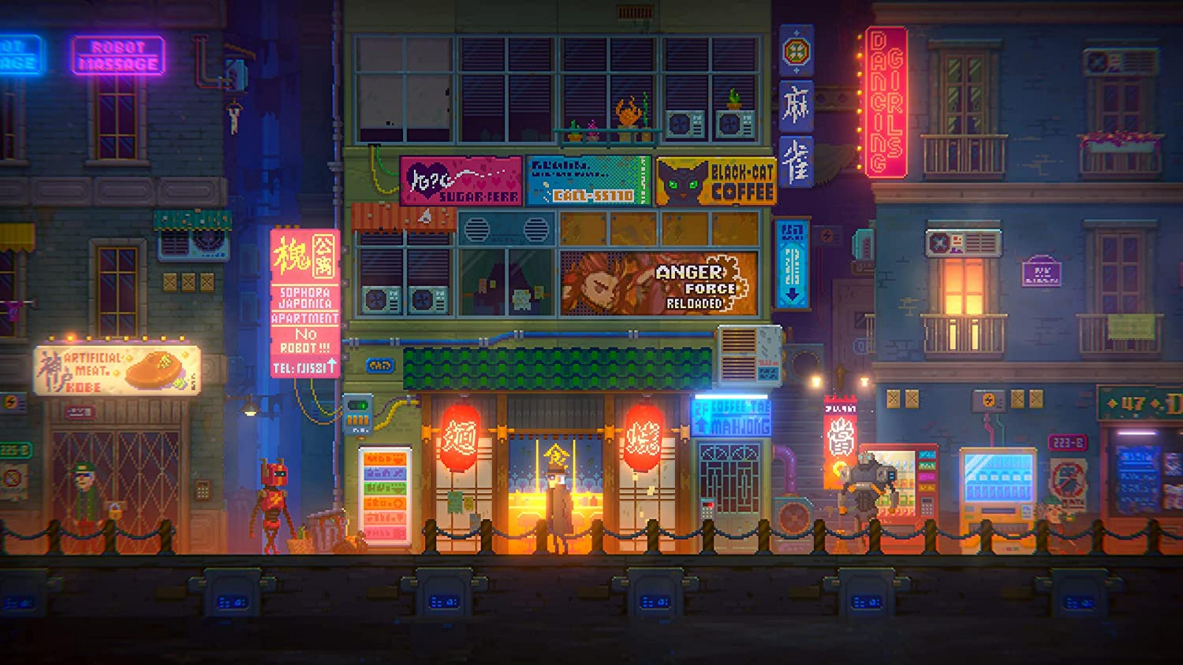 Paesaggio urbano pixel art notturno con insegne al neon, negozi e robot.