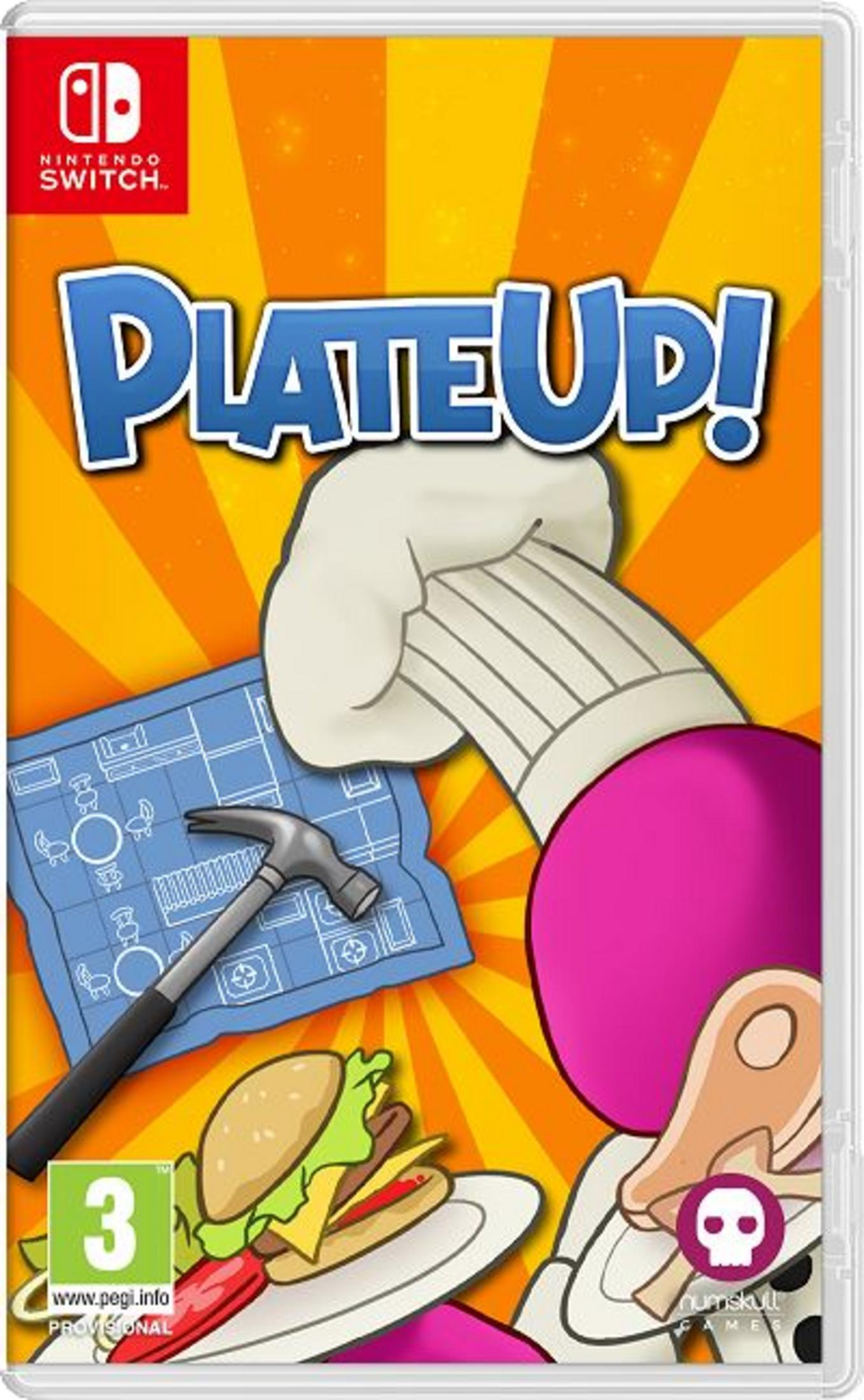 Gioco Nintendo Switch "PlateUp!": mano chef, progetto, martello, hamburger su piatto.