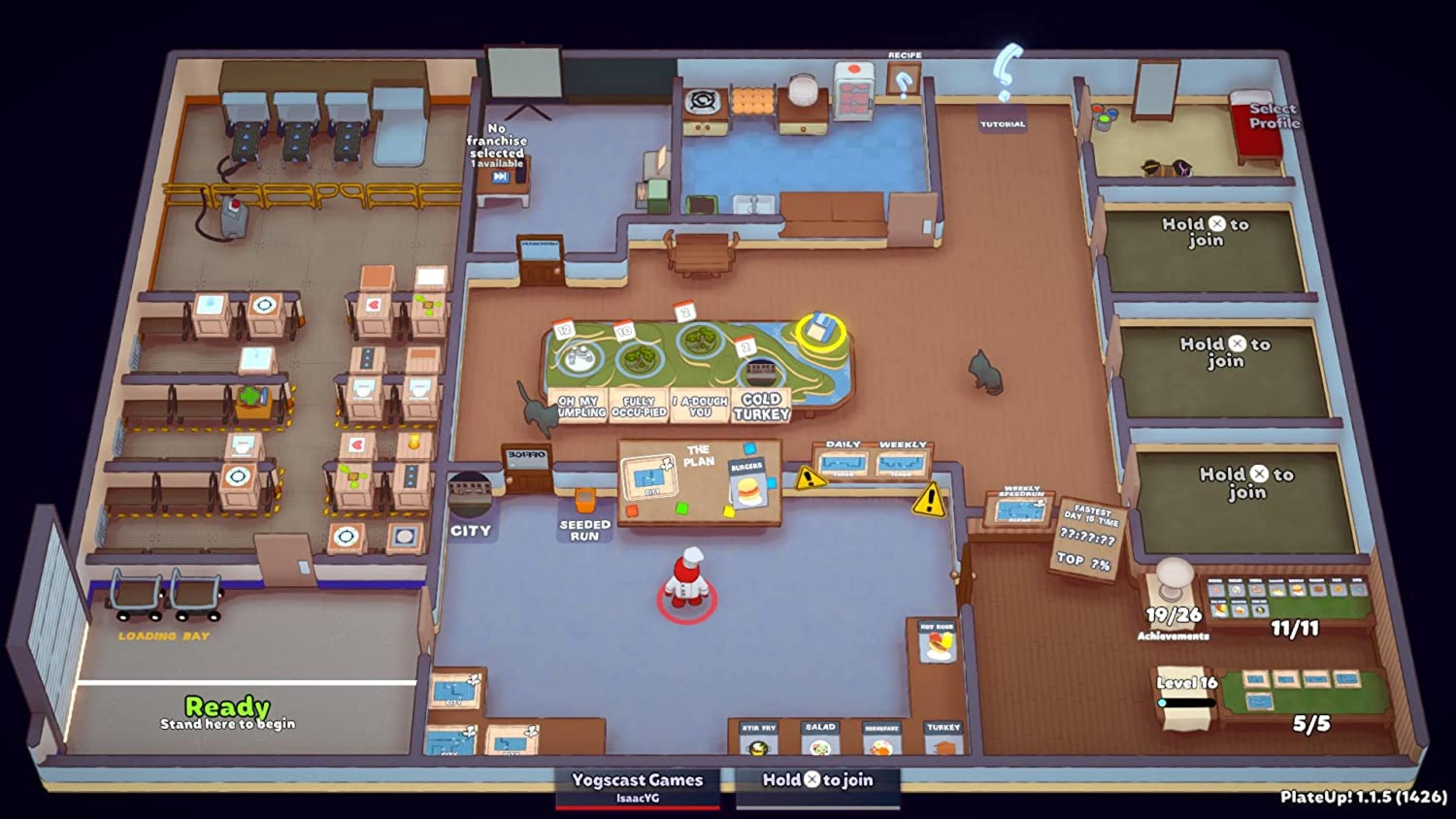 Un gioco di simulazione di cucina con chef, tavoli, attrezzature e ricette in un ristorante.