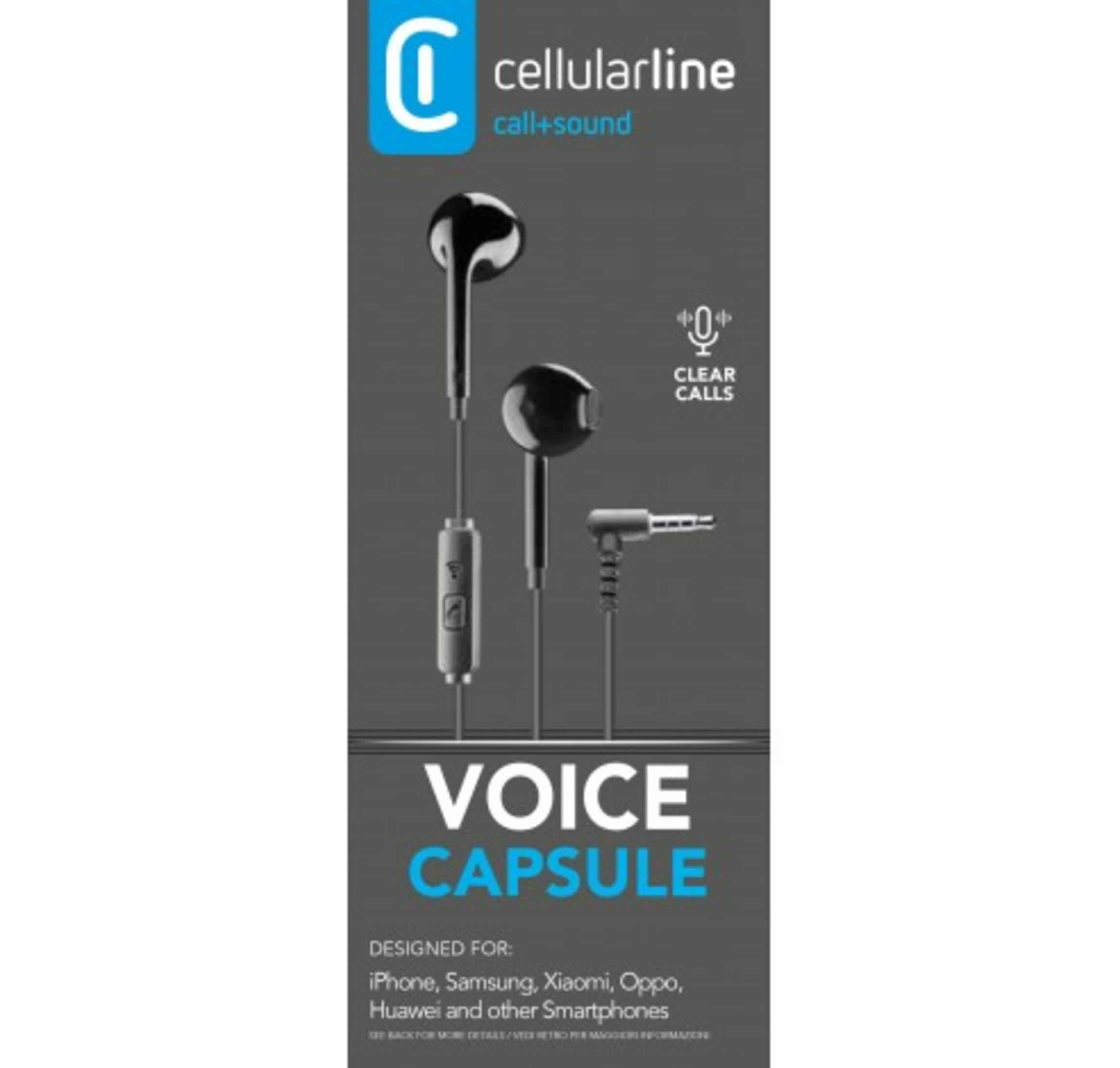 Cellularline earphones with microphone and in-line remote on packaging.