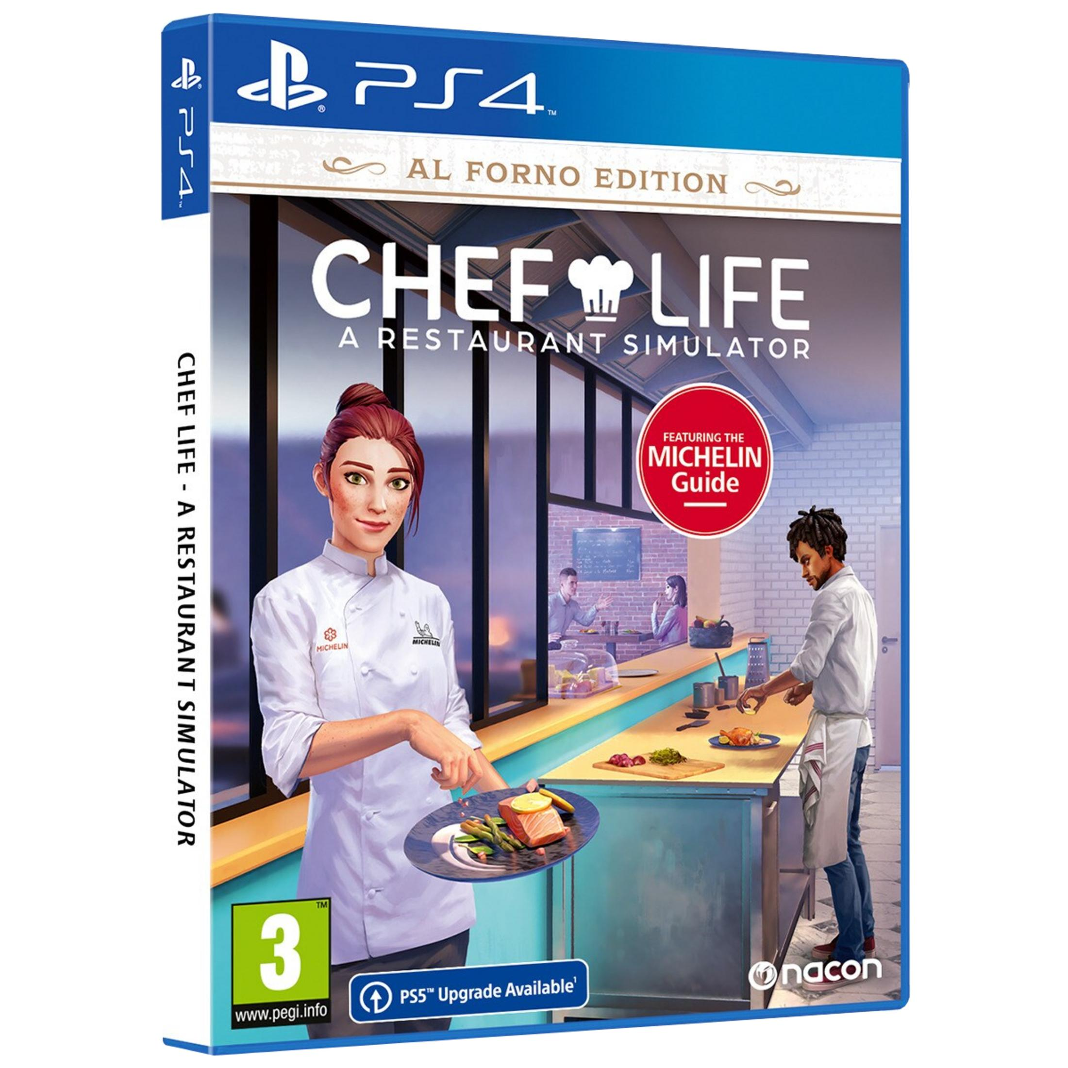 Box del gioco PS4 "Chef Life": Due chef in cucina, uno tiene un piatto.