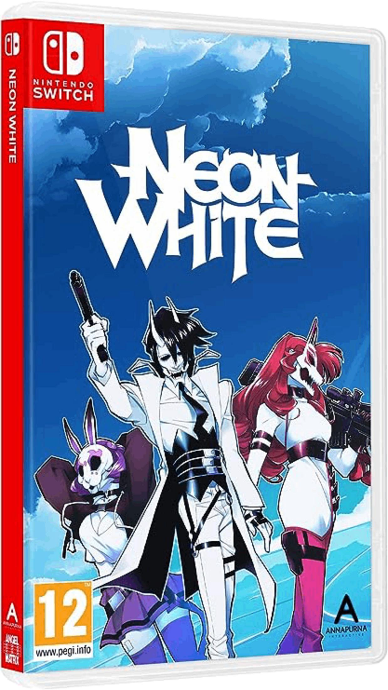 Copertina gioco Neon White Nintendo Switch con tre personaggi su cielo blu.