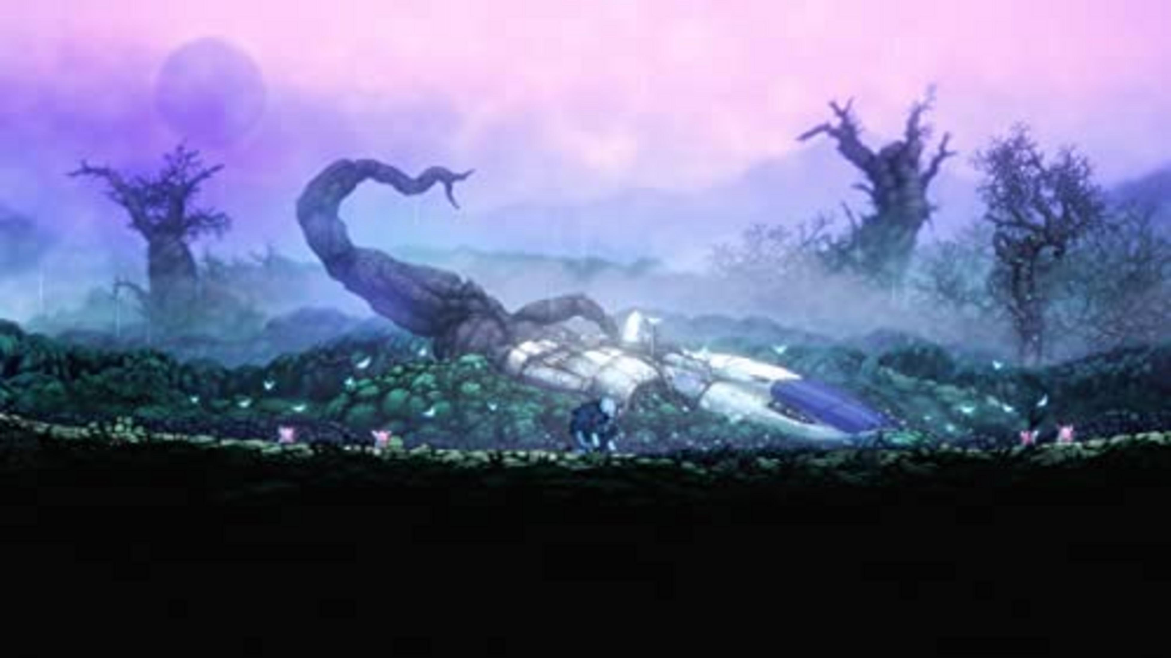 Un'astronave precipitata giace in un paesaggio nebbioso con alberi strani e lucciole.