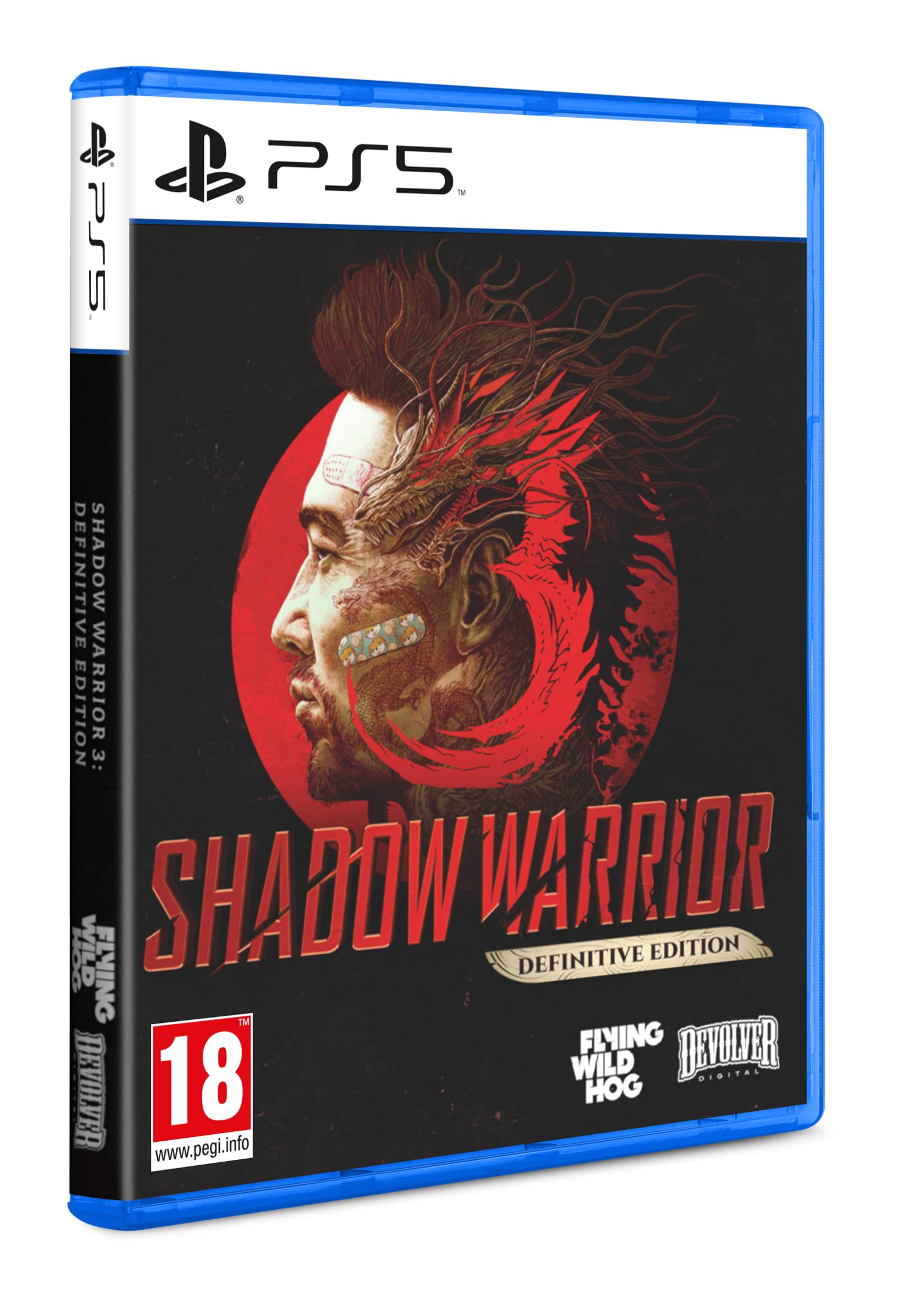 Caja de juego PS5: Shadow Warrior 3 Definitive Edition, con motivo de hombre y dragón.
