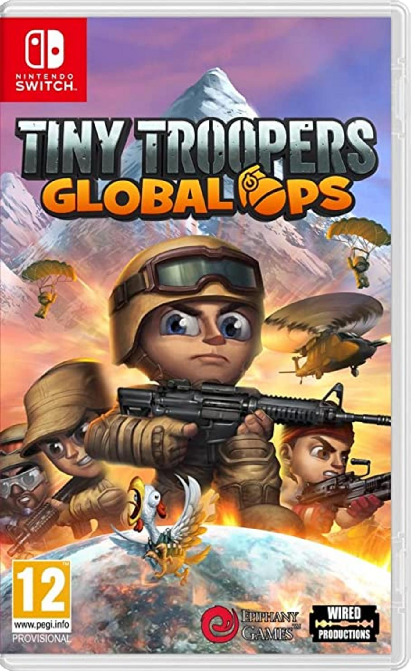 Copertina Tiny Troopers Global Ops Nintendo Switch con soldati, elicottero e paracadutista.