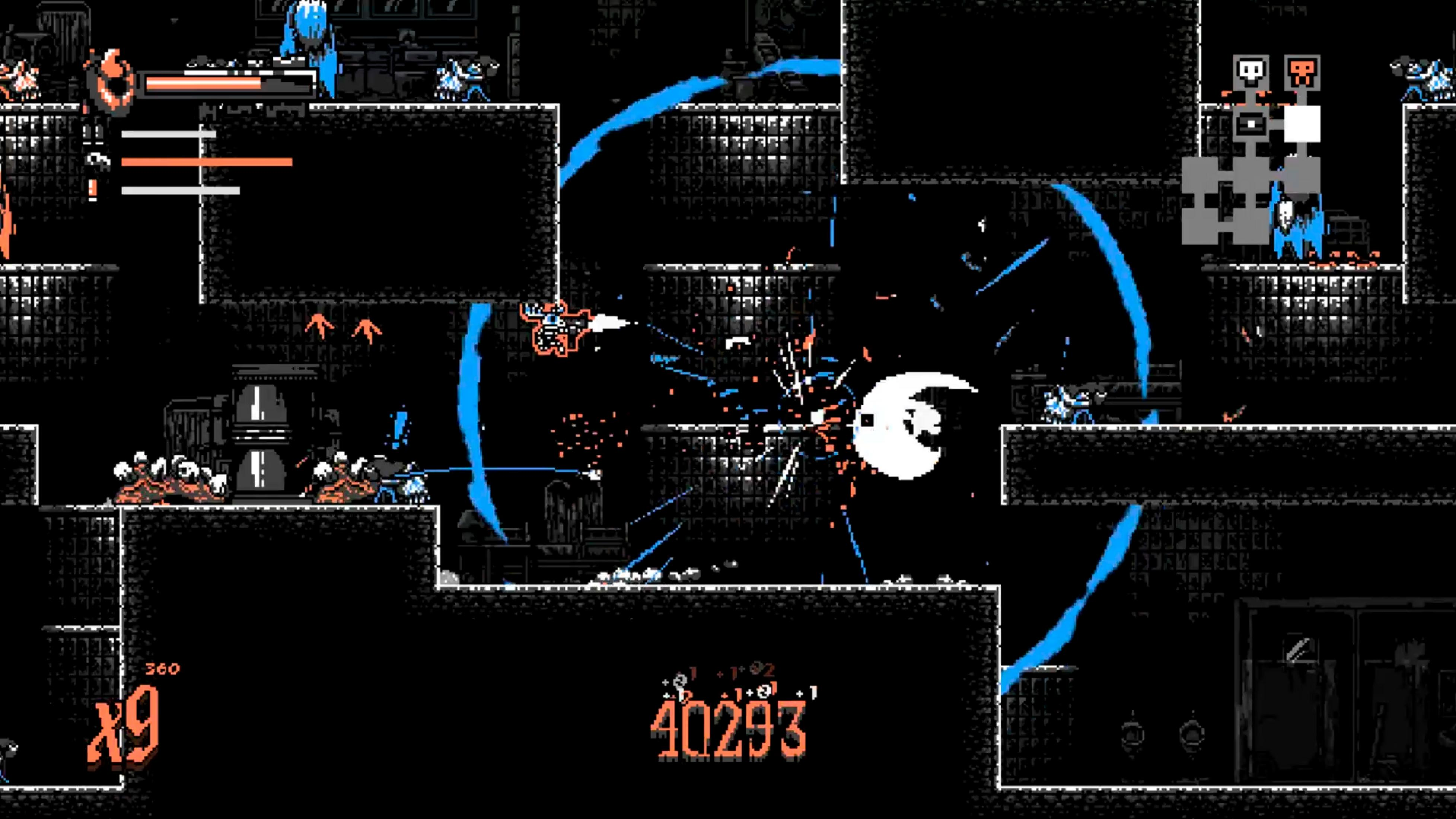 Escena de juego de pixel art con un personaje luchando. Explosiones de energía azul y proyectiles naranjas llenan la pantalla.