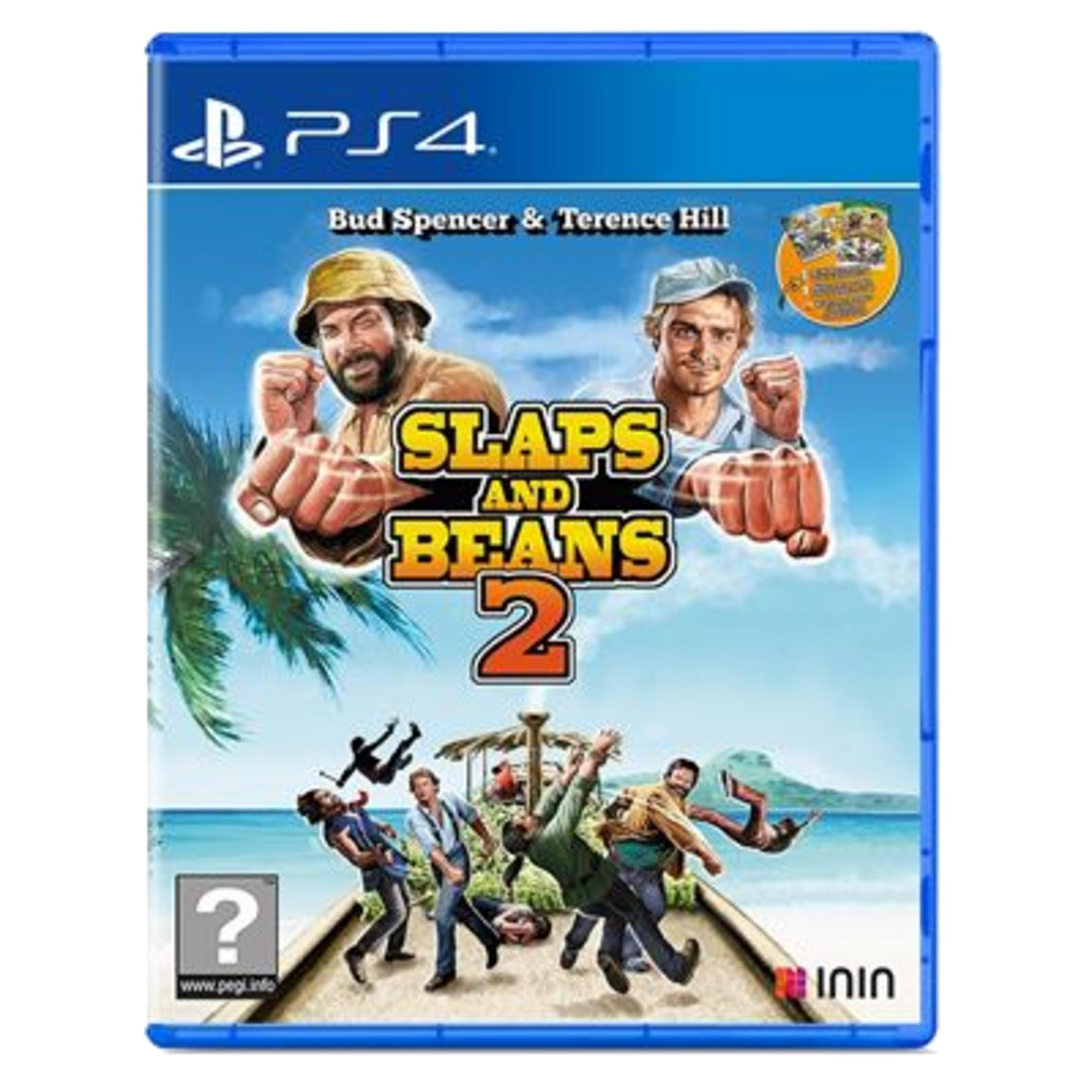 Copertina gioco PS4: Bud Spencer & Terence Hill in "Slaps and Beans 2" su spiaggia tropicale.