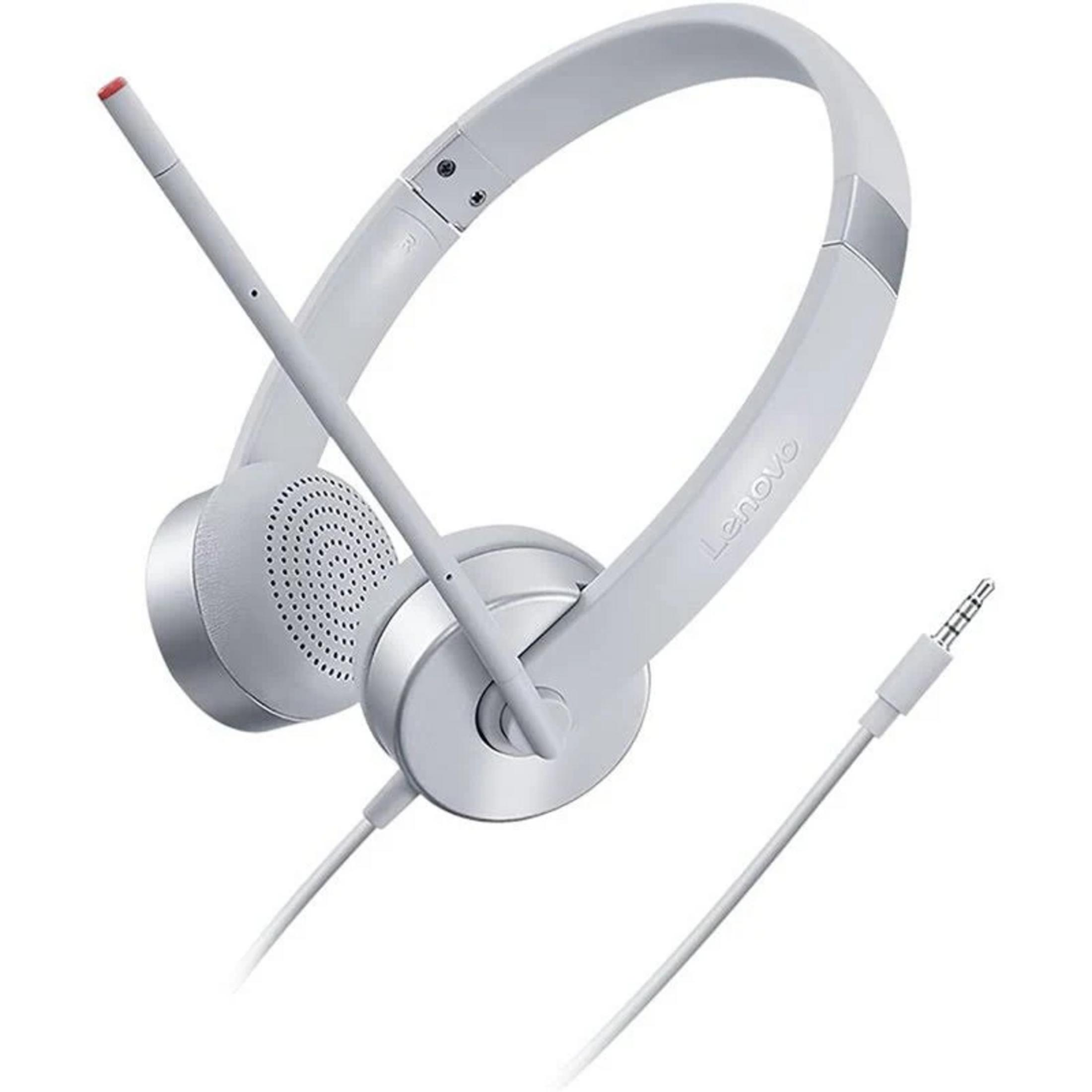 Un auricular blanco de Lenovo con micrófono y conector jack.