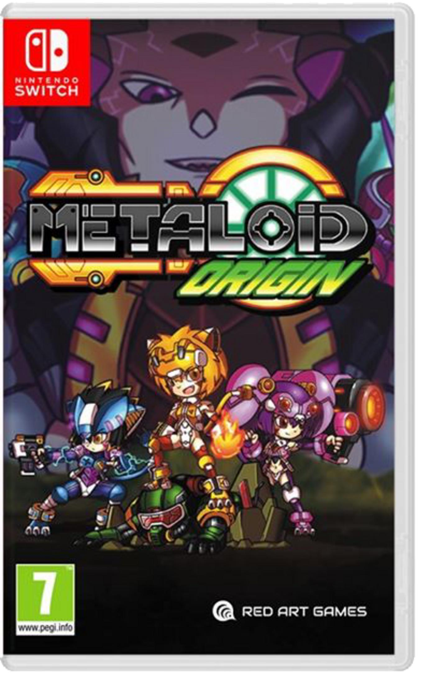 Portada de juego de Nintendo Switch con tres personajes de anime y el título 'METALOID ORIGIN'.
