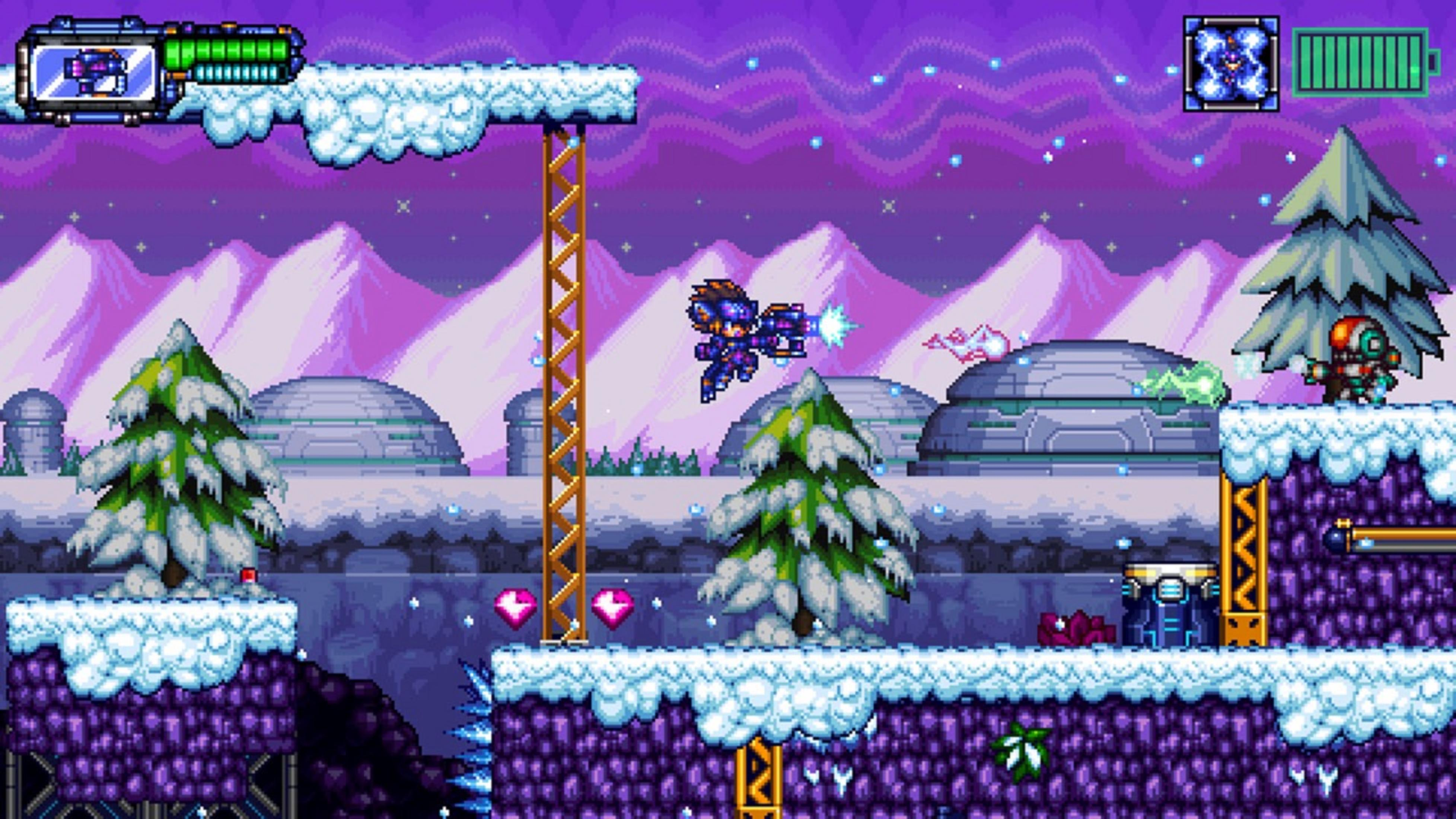 Personaje pixelado salta con arma en paisaje helado y morado con árboles y cúpulas.