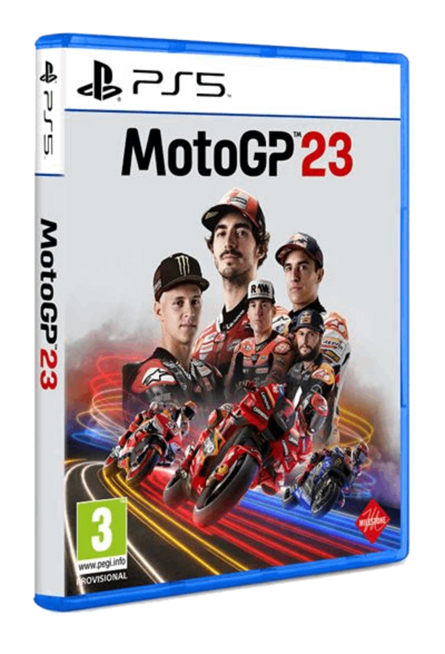 Caja del juego PS5 MotoGP 23 con pilotos y motos en una pista de carreras.