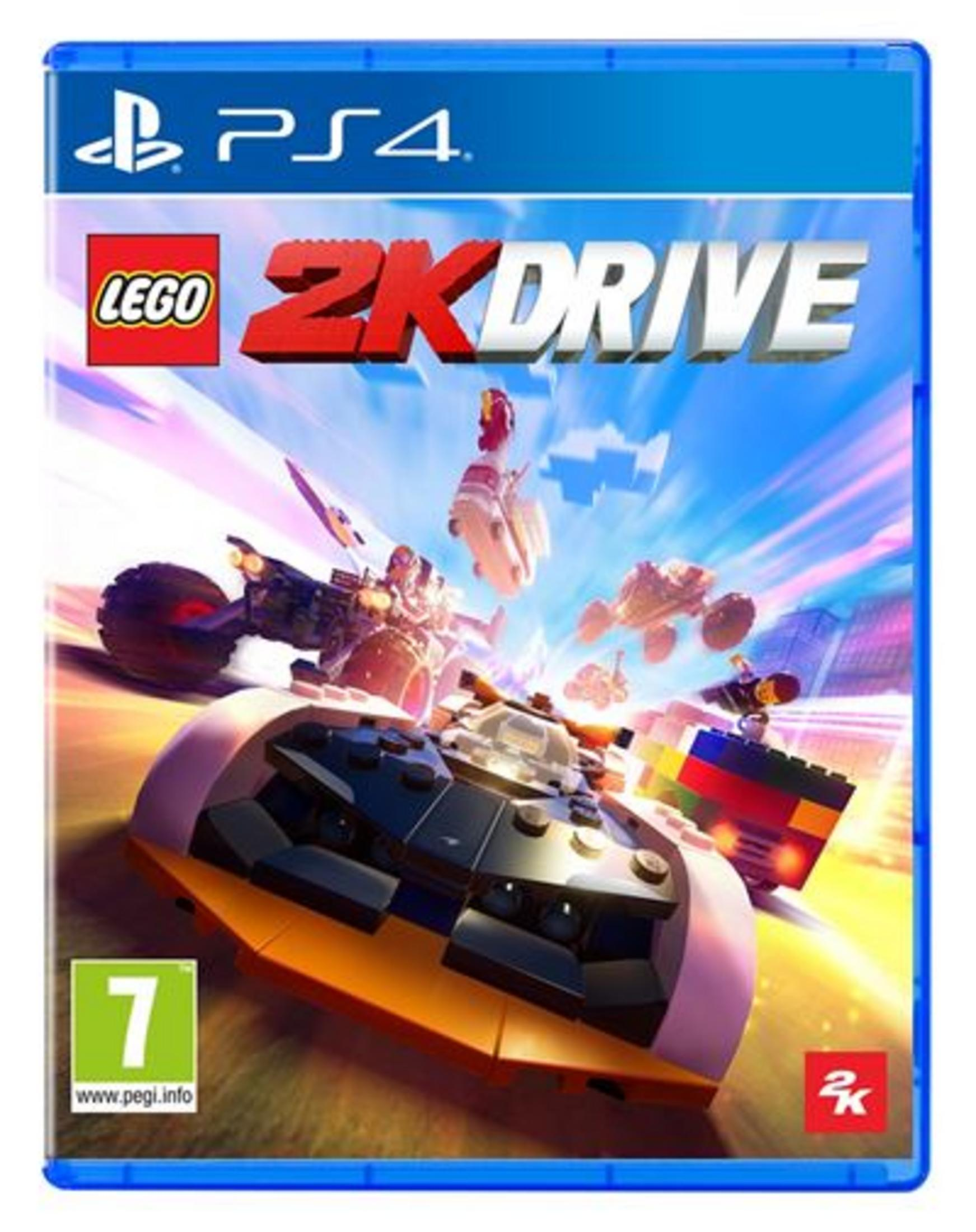 Portada del juego Lego 2K Drive para PS4 con coches de carreras coloridos y personajes de Lego en acción.