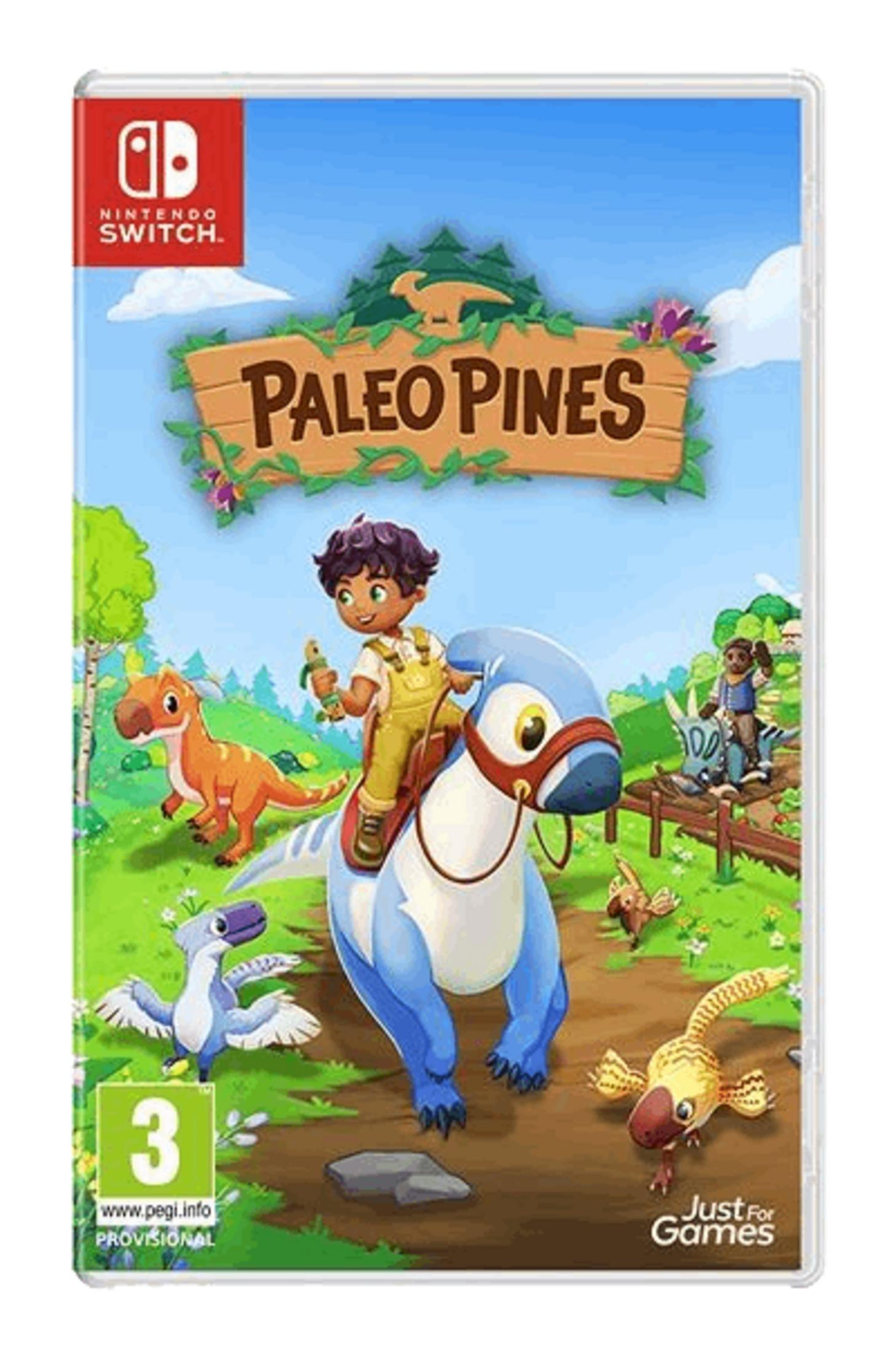 Un niño monta un dinosaurio azul frente al letrero "Paleo Pines". Se ven otros dinosaurios.