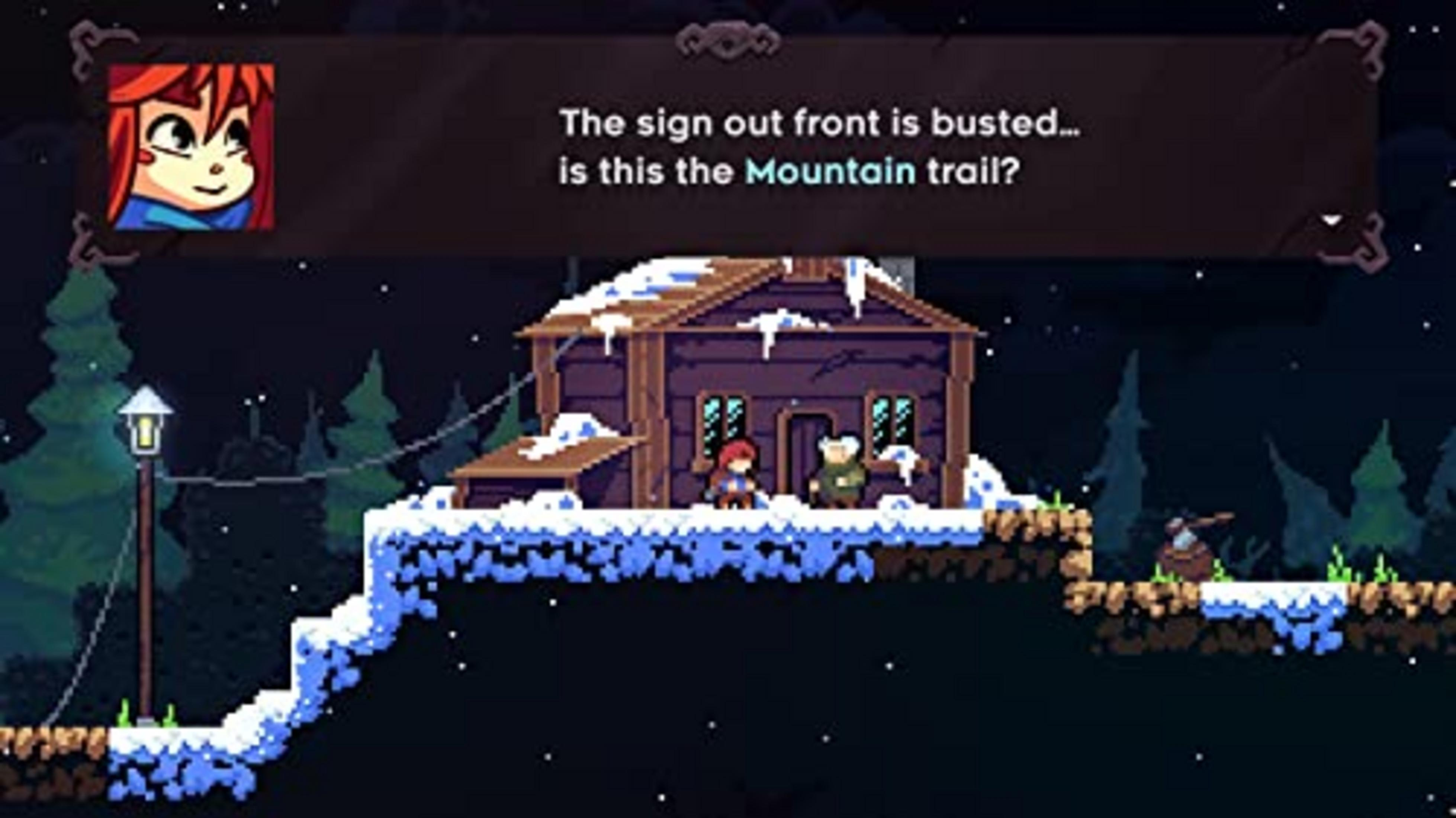 Escena de pixel art: Un personaje habla cerca de una cabaña nevada con árboles por la noche.