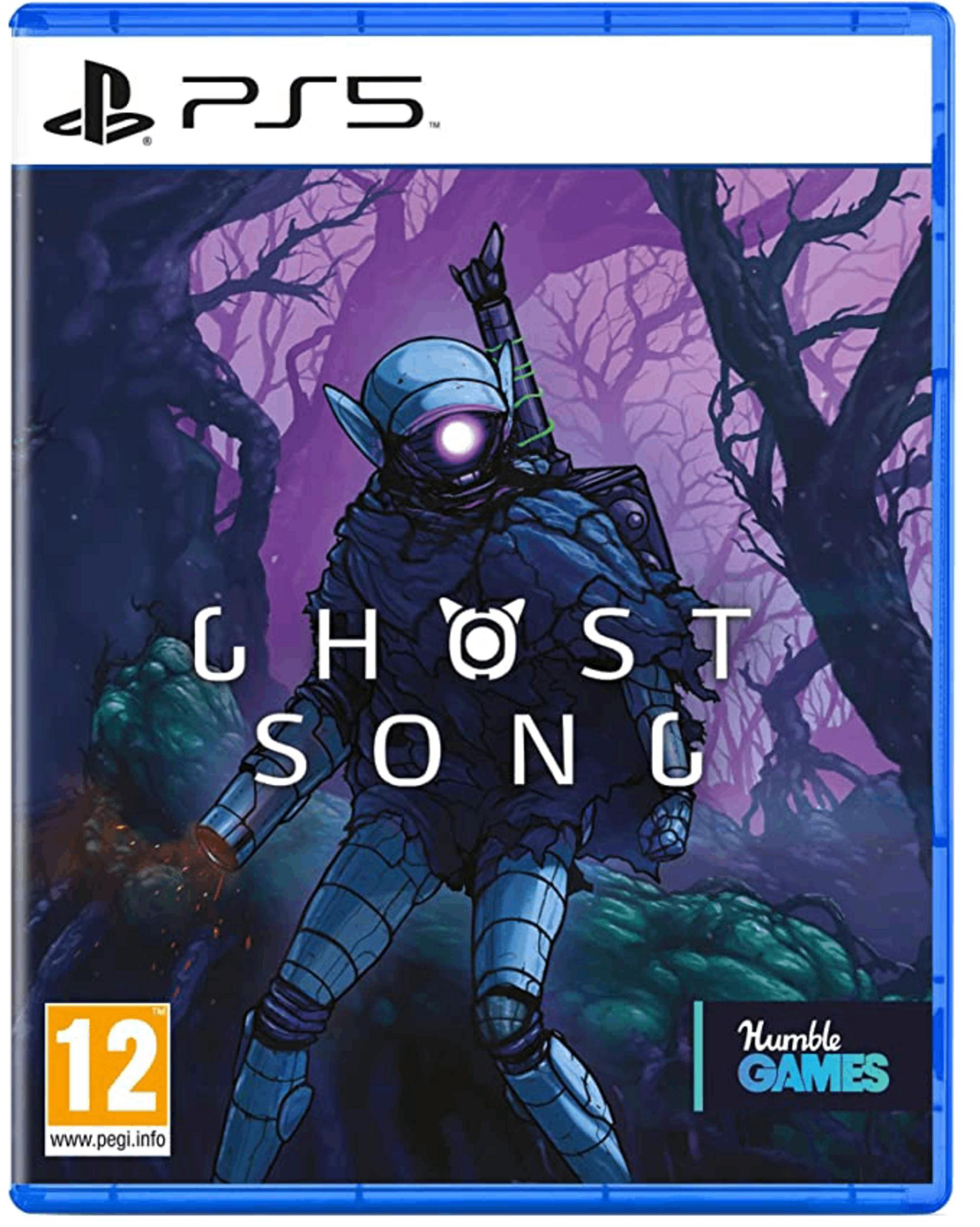 Portada del juego Ghost Song PS5: Criatura robot con ojo brillante en bosque oscuro.