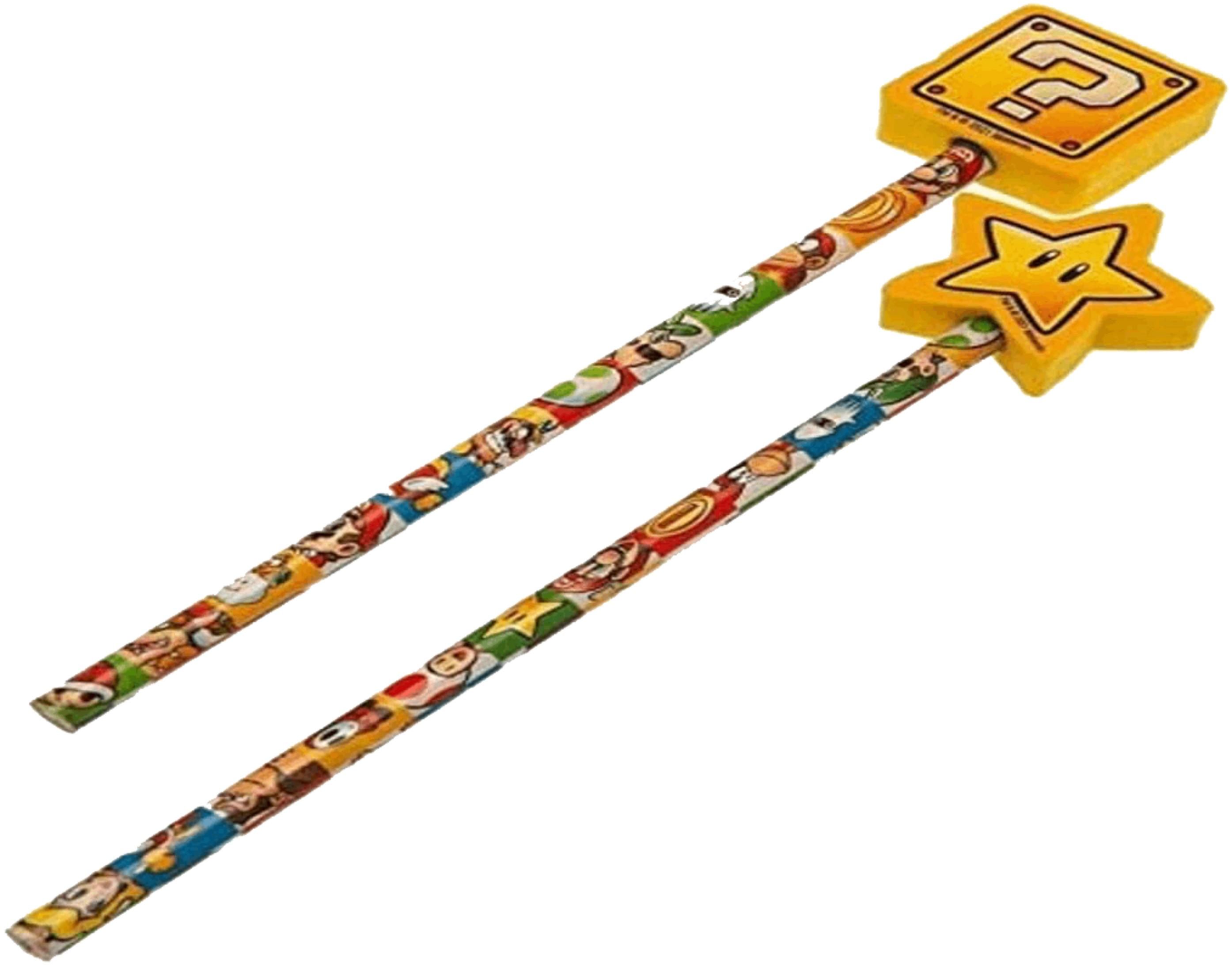 Dos lápices con diseños de Super Mario: uno con estrella, otro con bloque de interrogación.