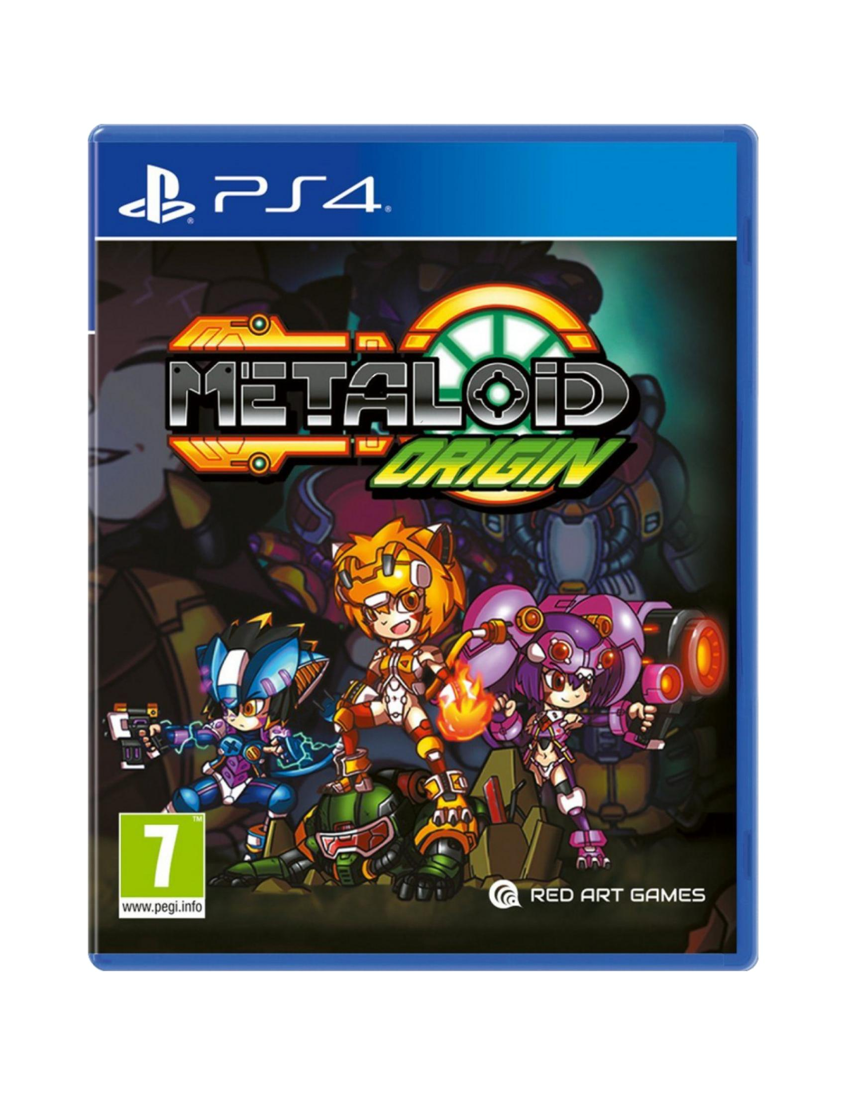 Copertina gioco PS4 con tre personaggi anime, logo 'Metaloid Origin' e PEGI 7.