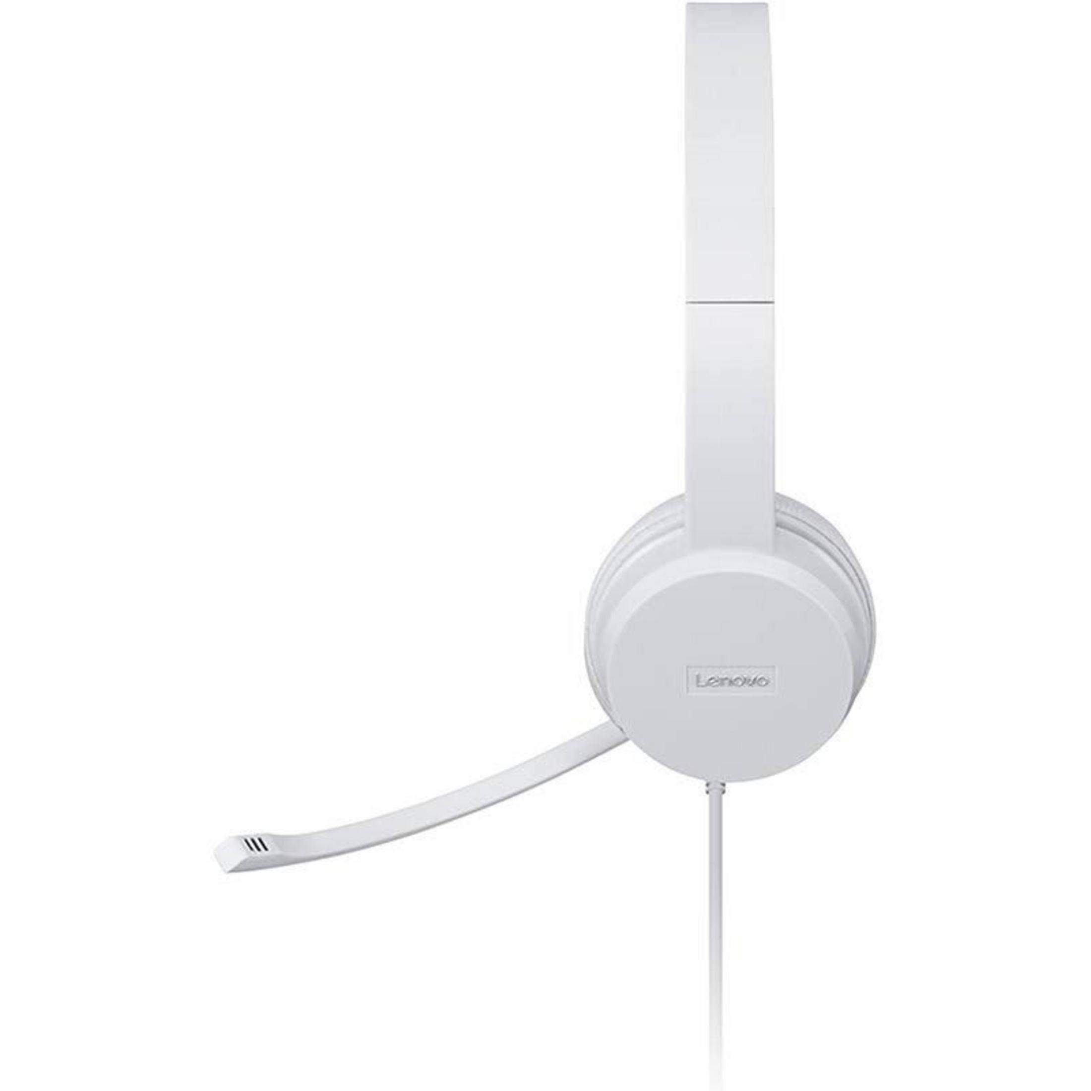 Un auricular blanco Lenovo con micr4ofono y cable sobre fondo blanco.
