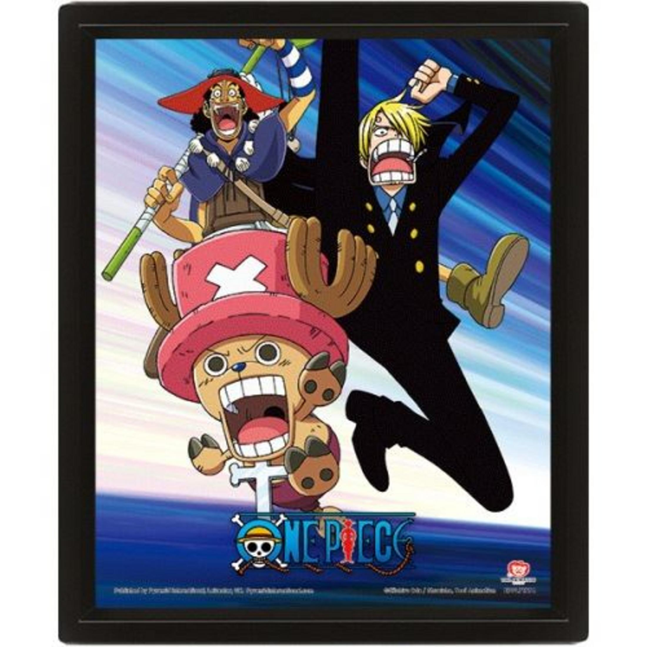 Tres personajes de anime: Chopper con sombrero rojo, Usopp con gorra roja y Sanji con traje negro.