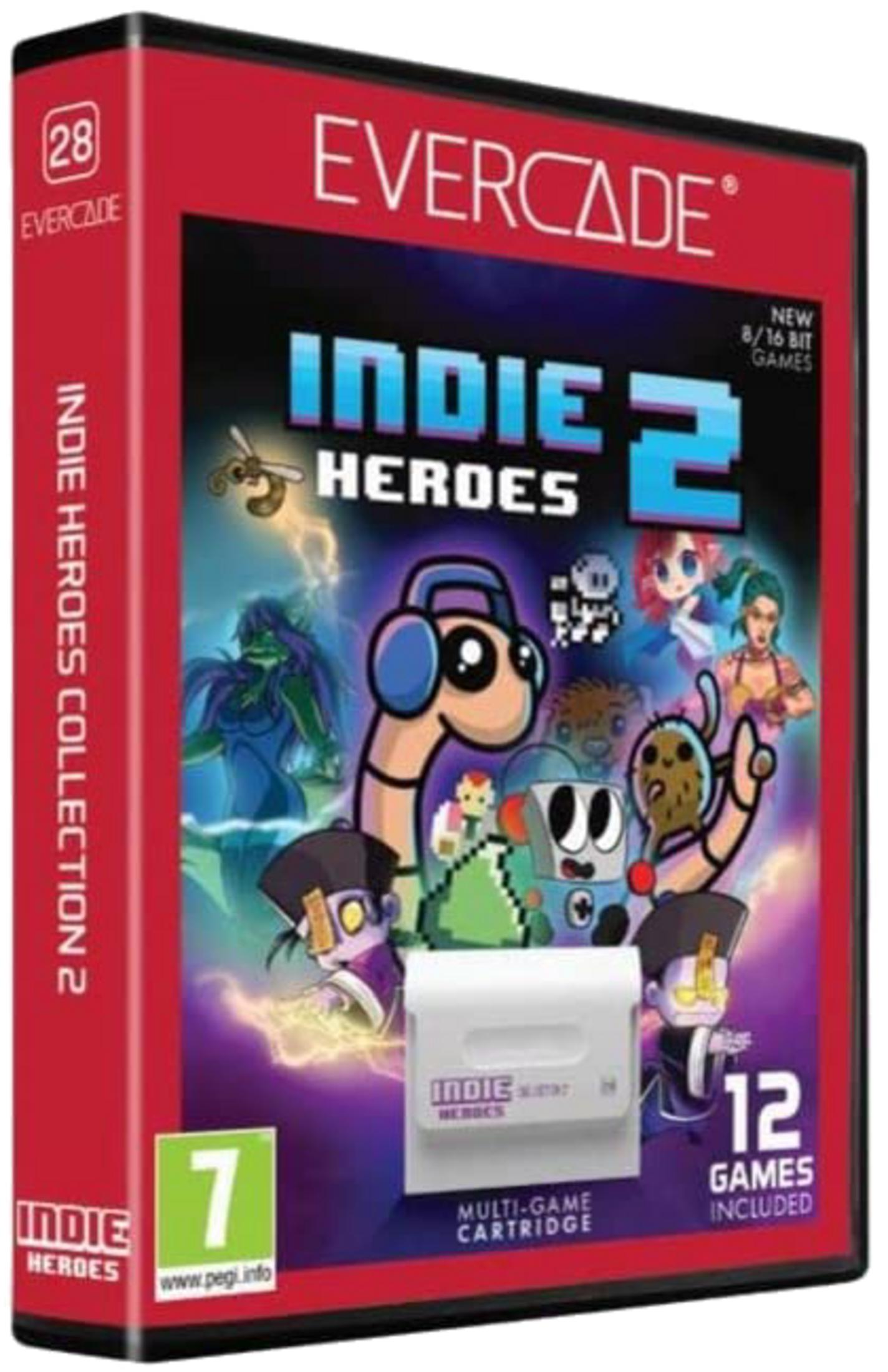Custodia Evercade Indie Heroes Collection 2 con personaggi di gioco e cartuccia.