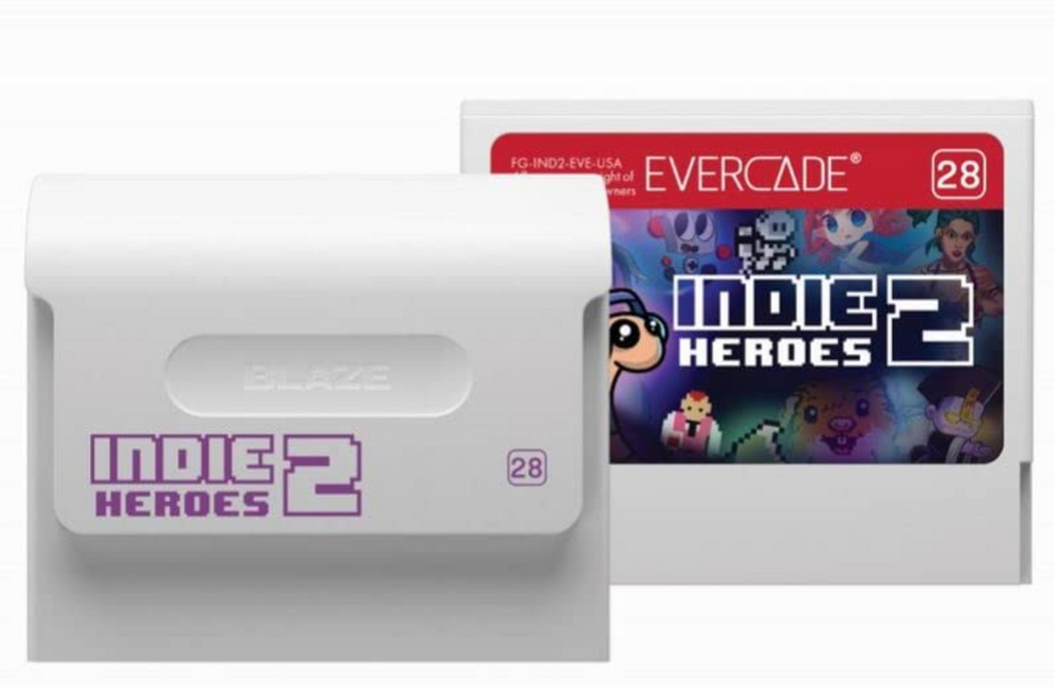 Una cartuccia di gioco bianca con etichetta "Indie Heroes 2" e grafica pixel art.