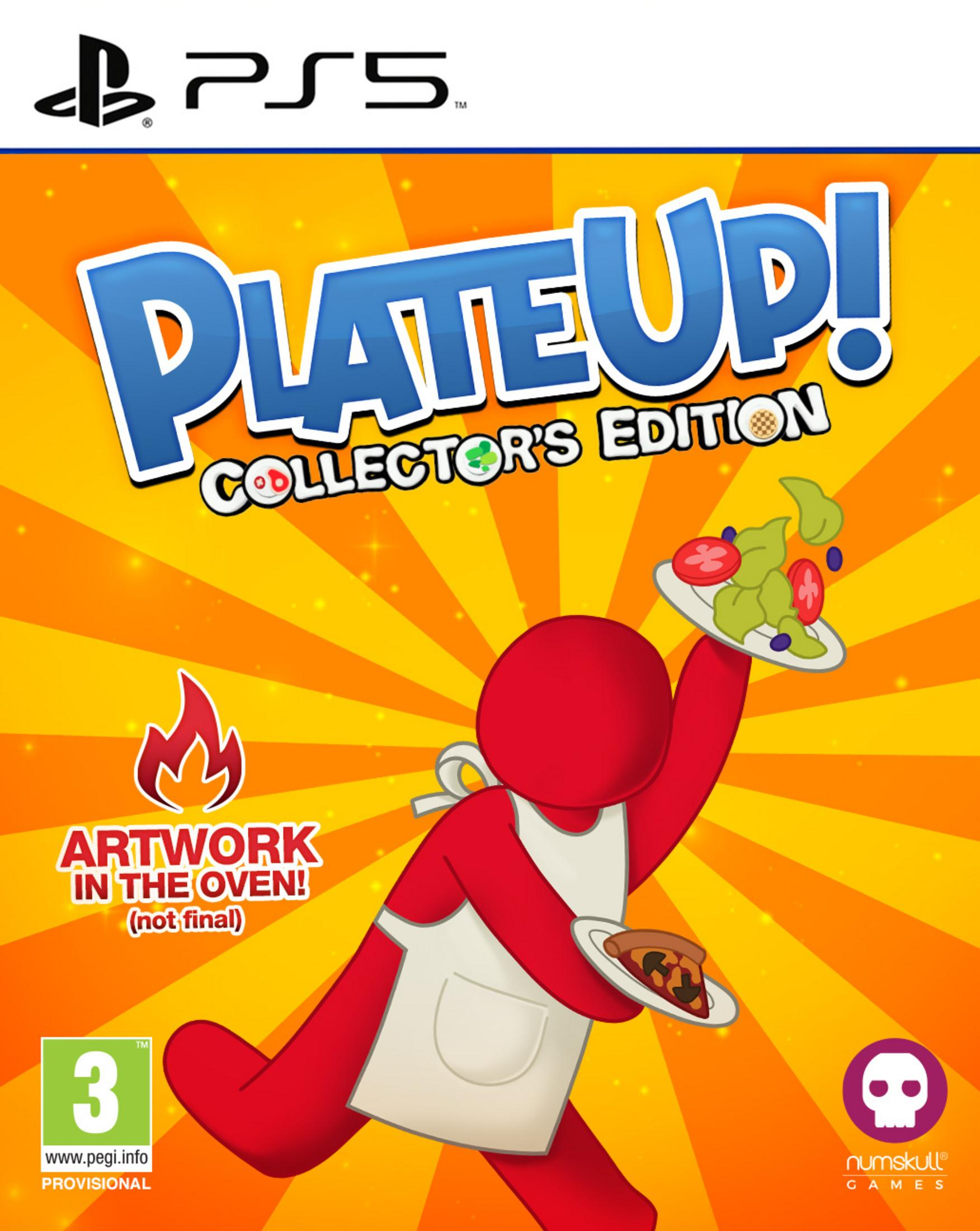 Copertina PlateUp! Collector's Edition: Personaggio rosso con grembiule tiene piatti con insalata e pizza.