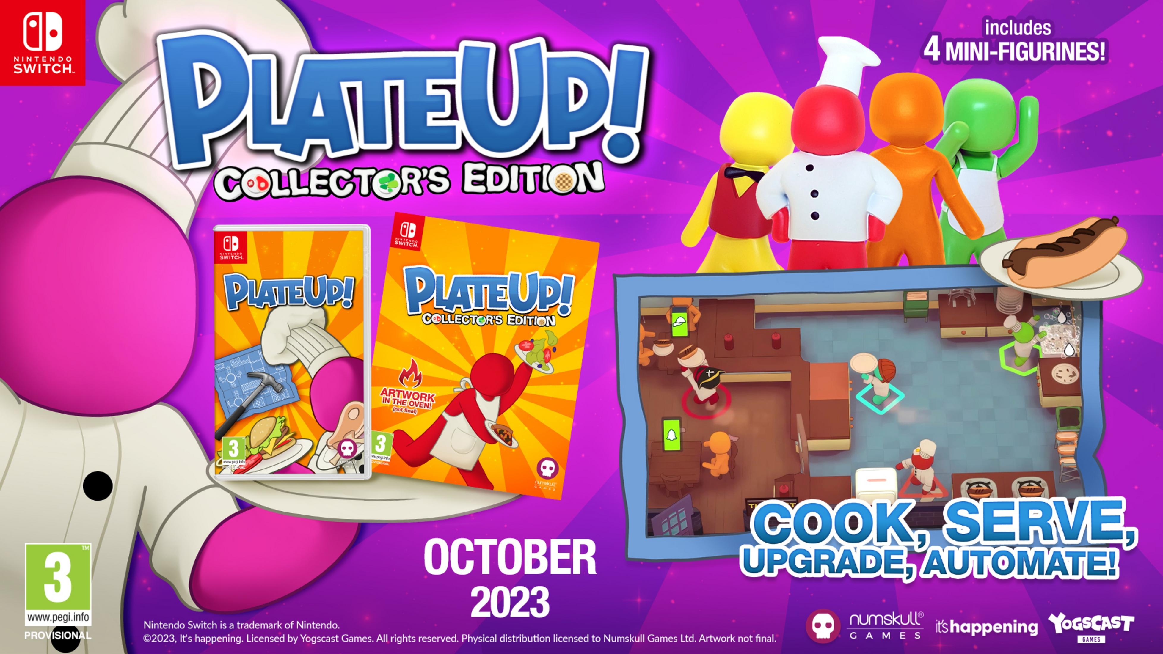 Copertina del gioco e scena in-game di PlateUp! Collector's Edition con statuette.