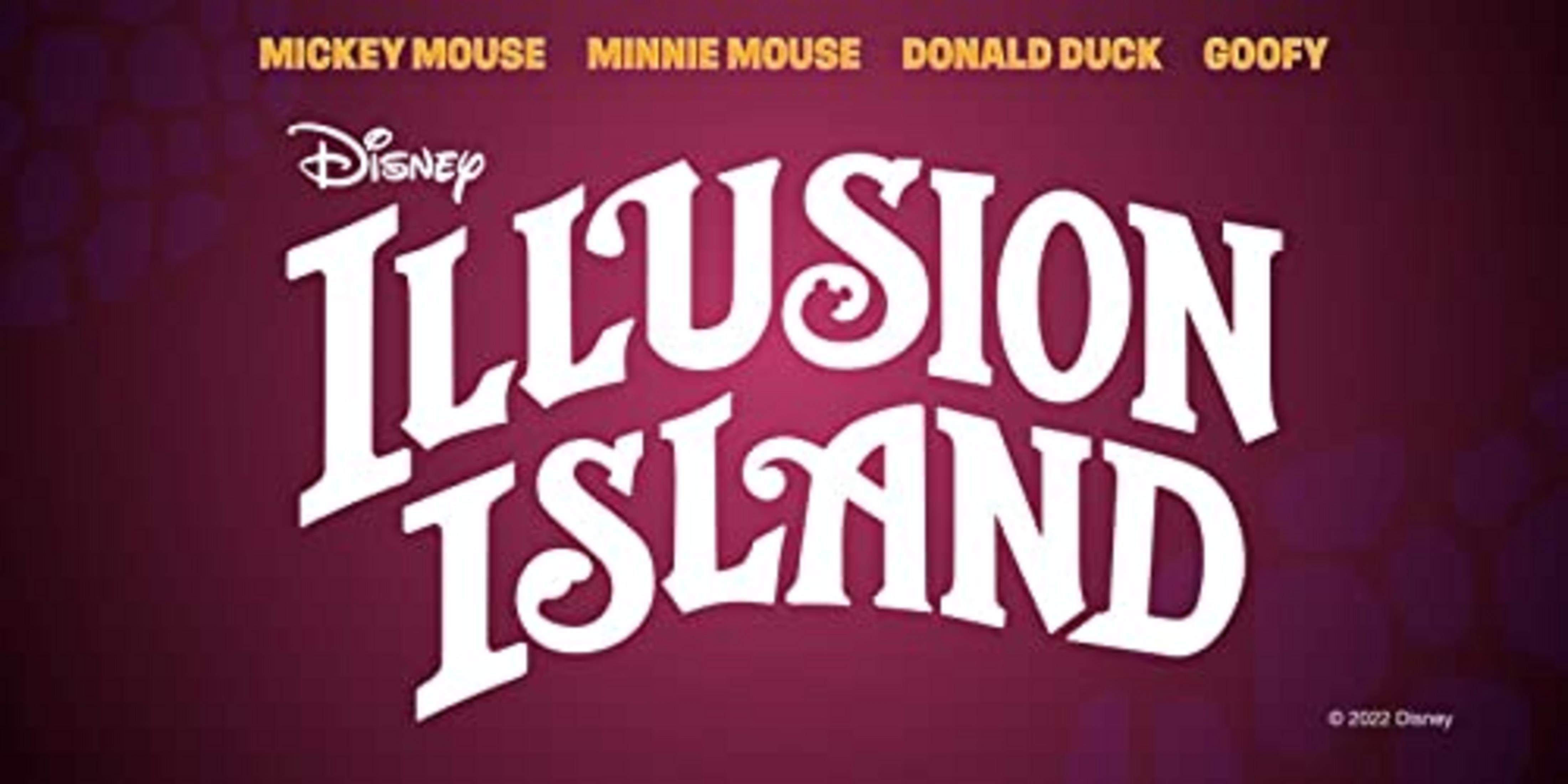 Grafica del titolo Disney Illusion Island con Mickey, Minnie, Donald e Goofy.