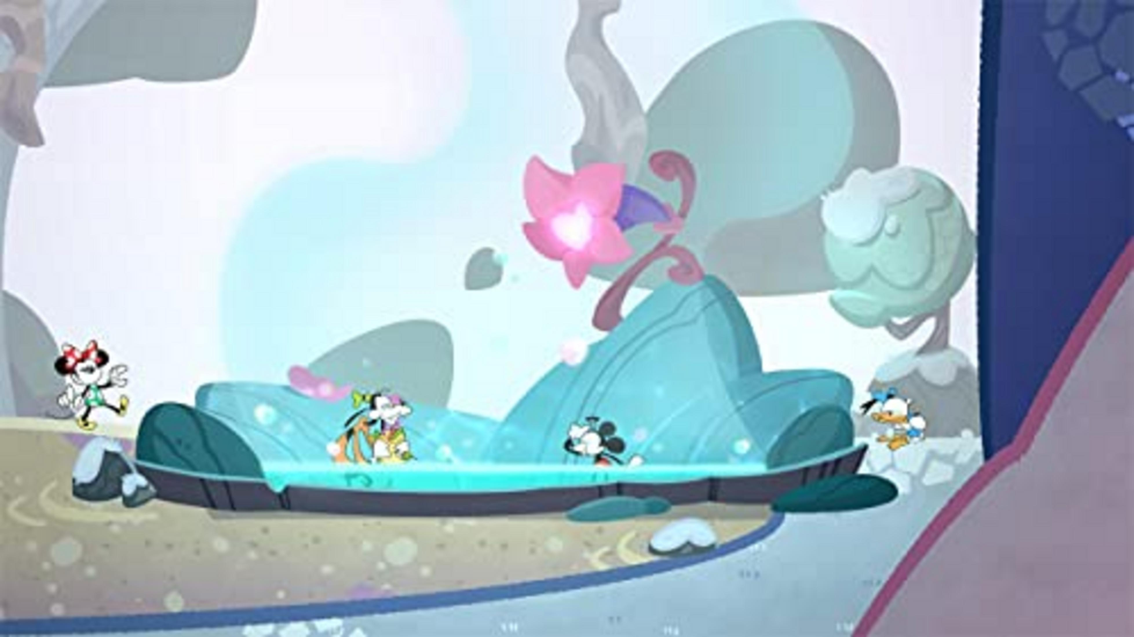Minnie, Daisy, Mickey e Donald in un paesaggio fantastico e luminoso con rocce blu.