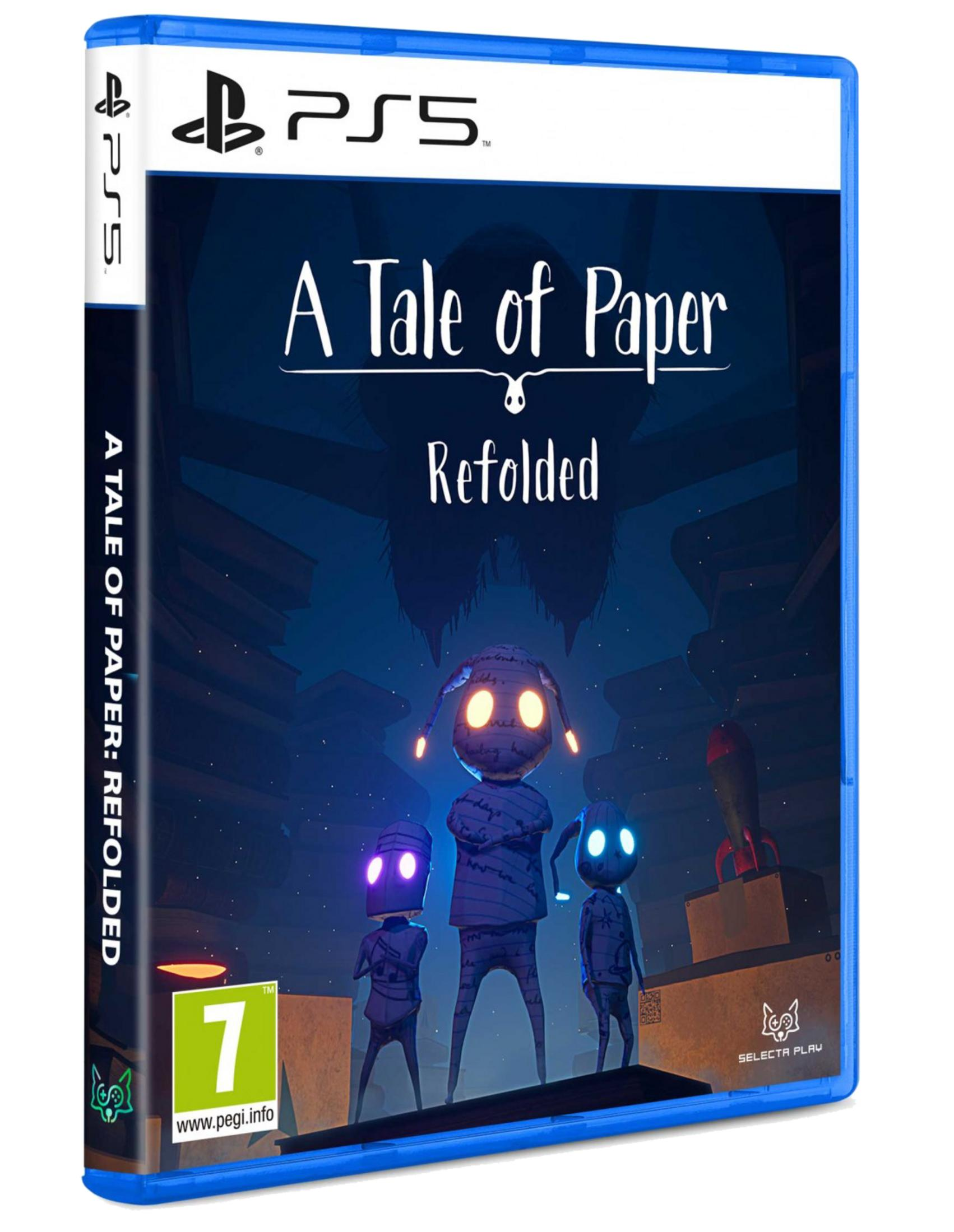 Custodia gioco PS5: A Tale of Paper Refolded, con tre figure di carta al buio.