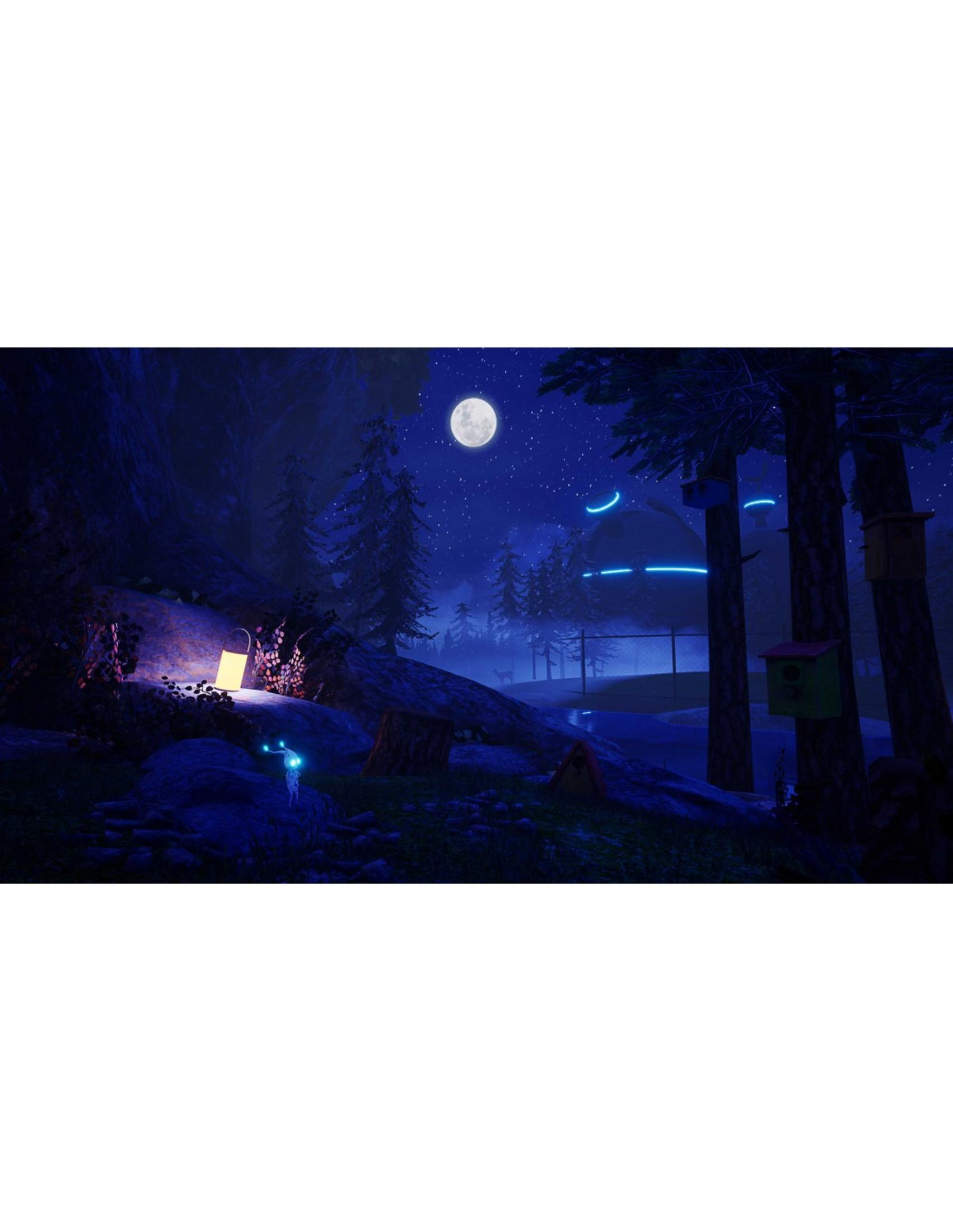 Foresta illuminata dalla luna con fate, lanterna e UFO.