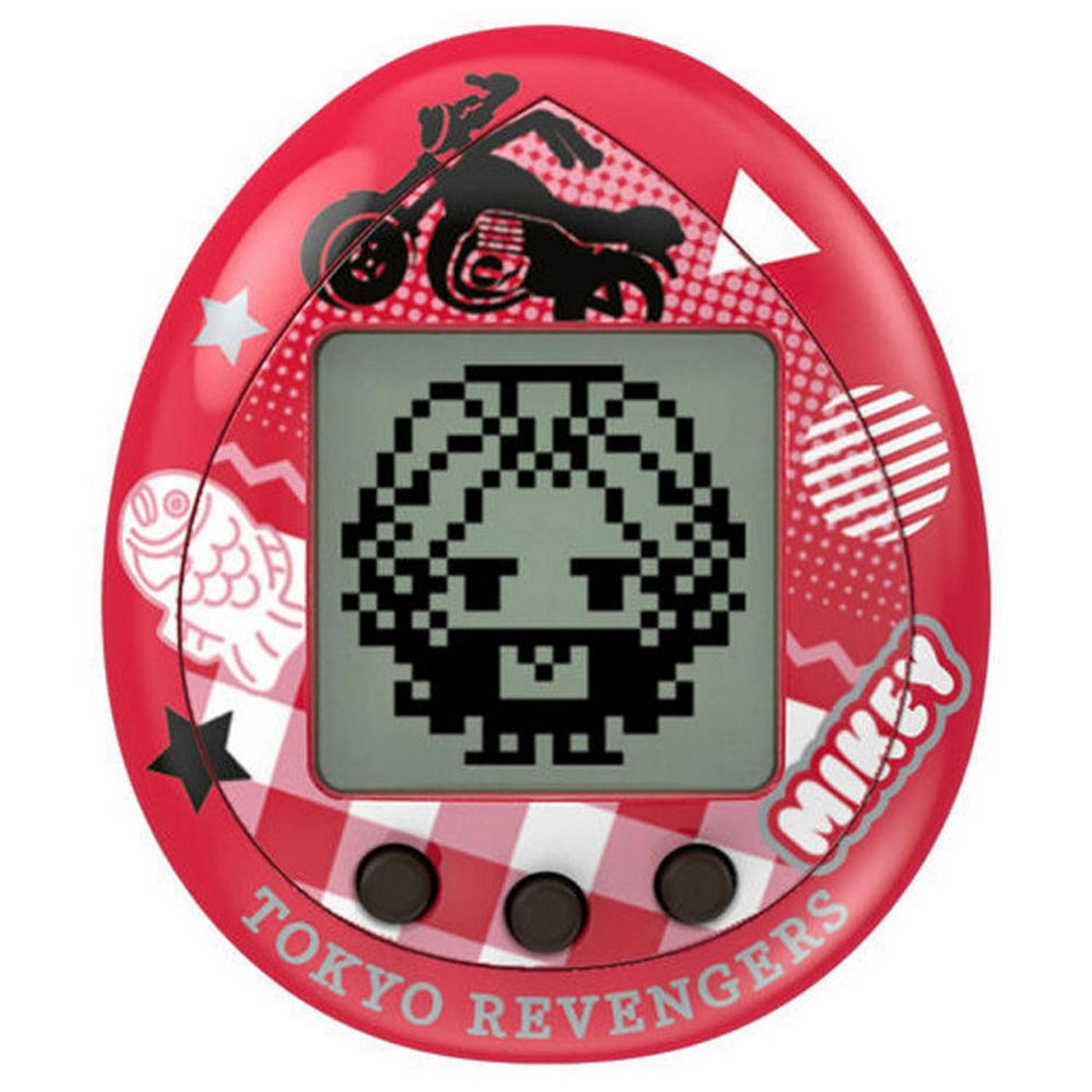 Un Tamagotchi rojo con cabeza pixelada y diseño de motocicleta.