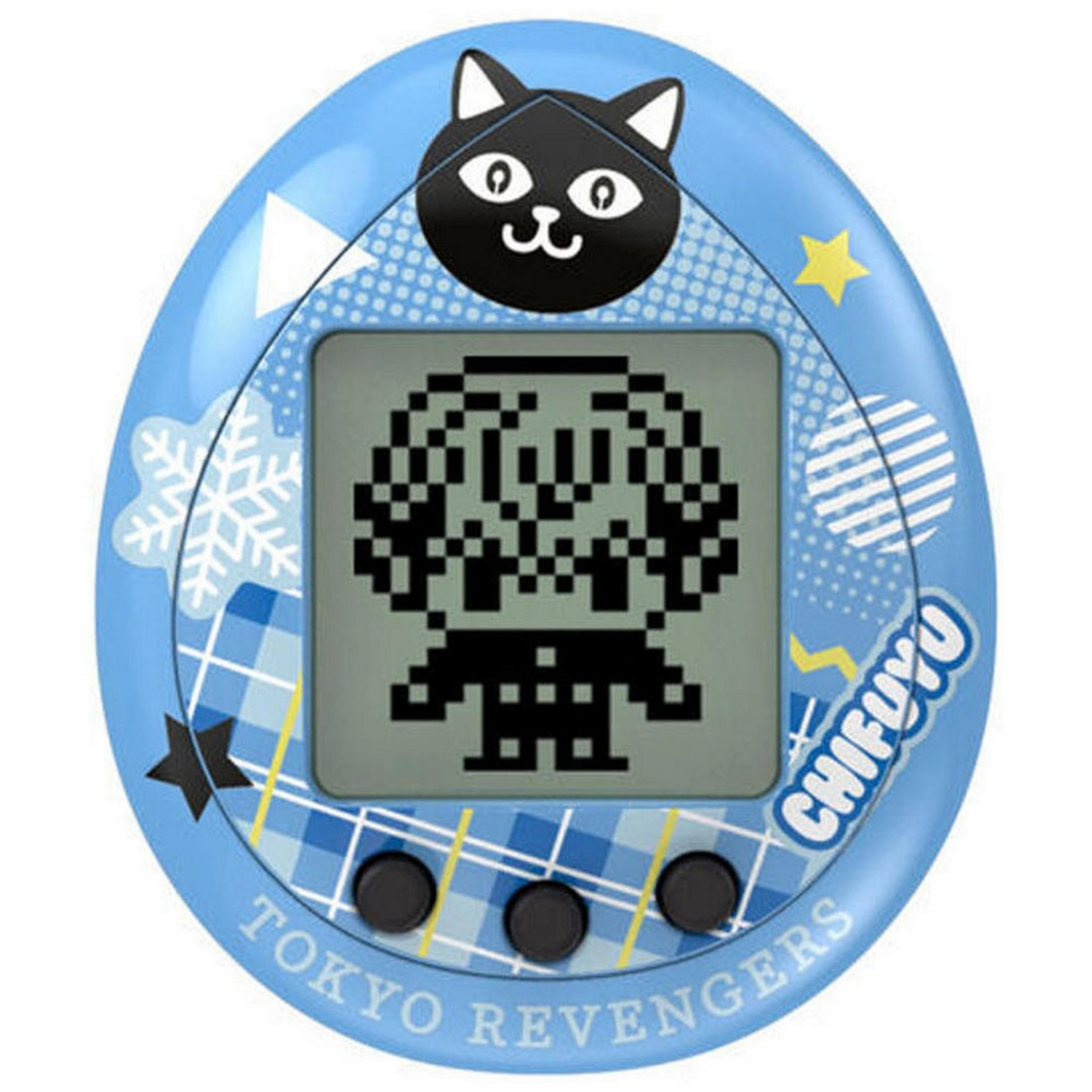 Un juguete de mascota digital azul con personaje pixelado, cara de gato y texto Tokyo Revengers.