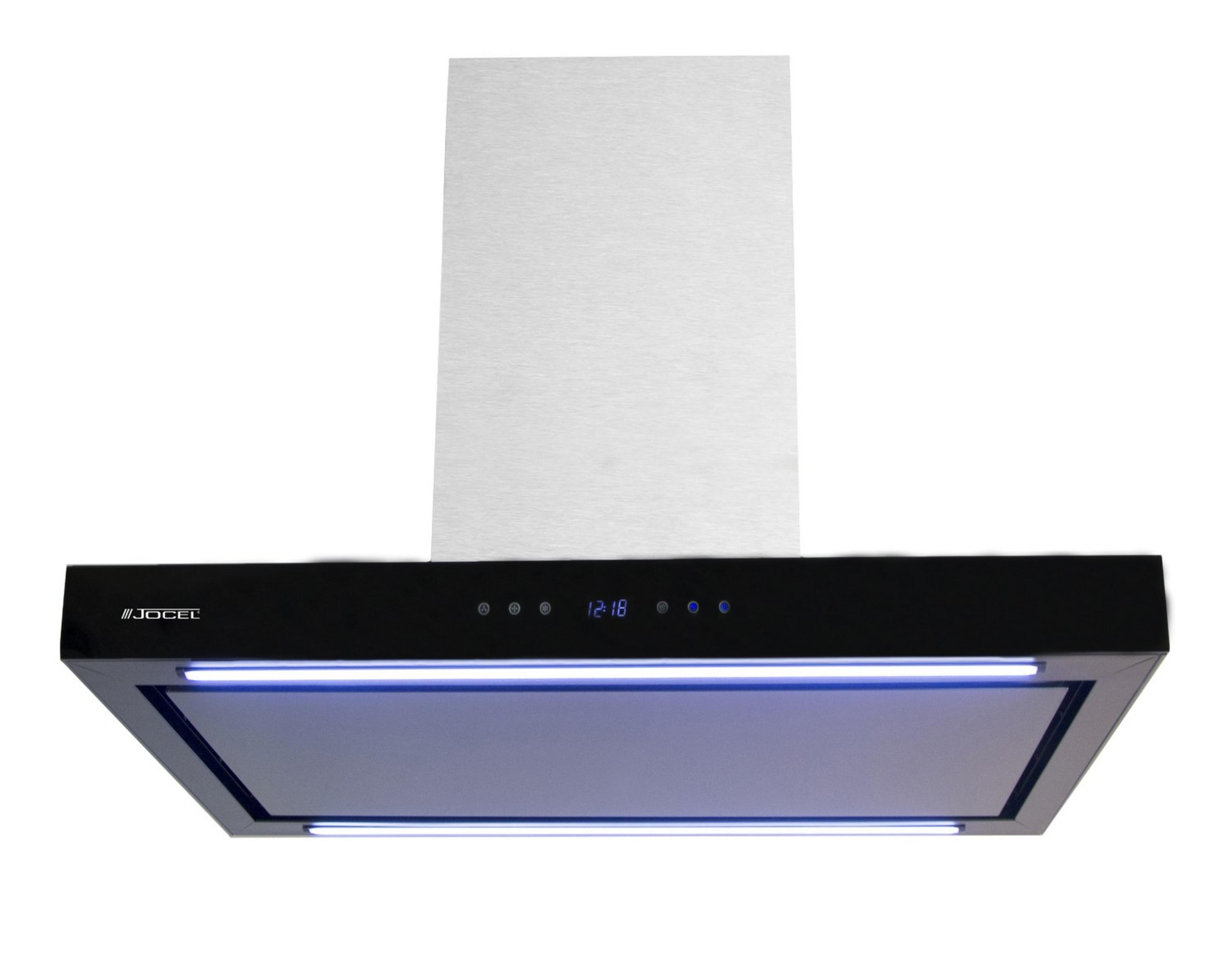 Campana extractora moderna con frente de cristal, metal y luces LED azules.