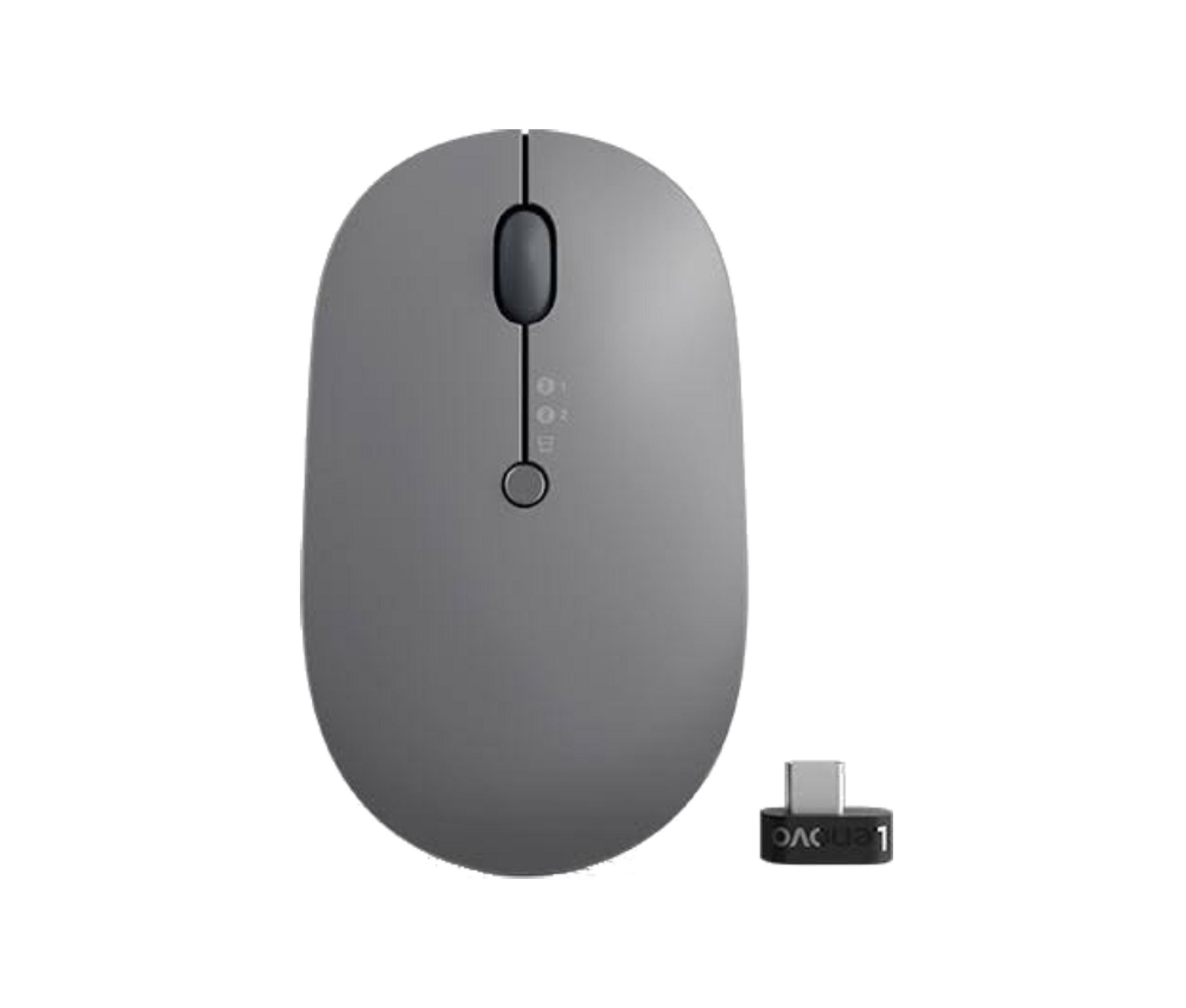 Mouse wireless grigio con dongle USB-C e logo Lenovo.