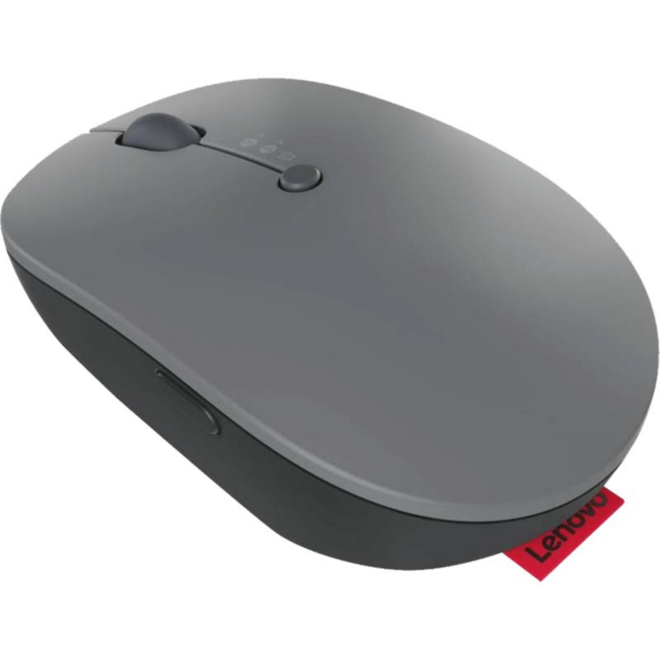Mouse Lenovo grigio con rotellina e pulsanti, logo Lenovo rosso.