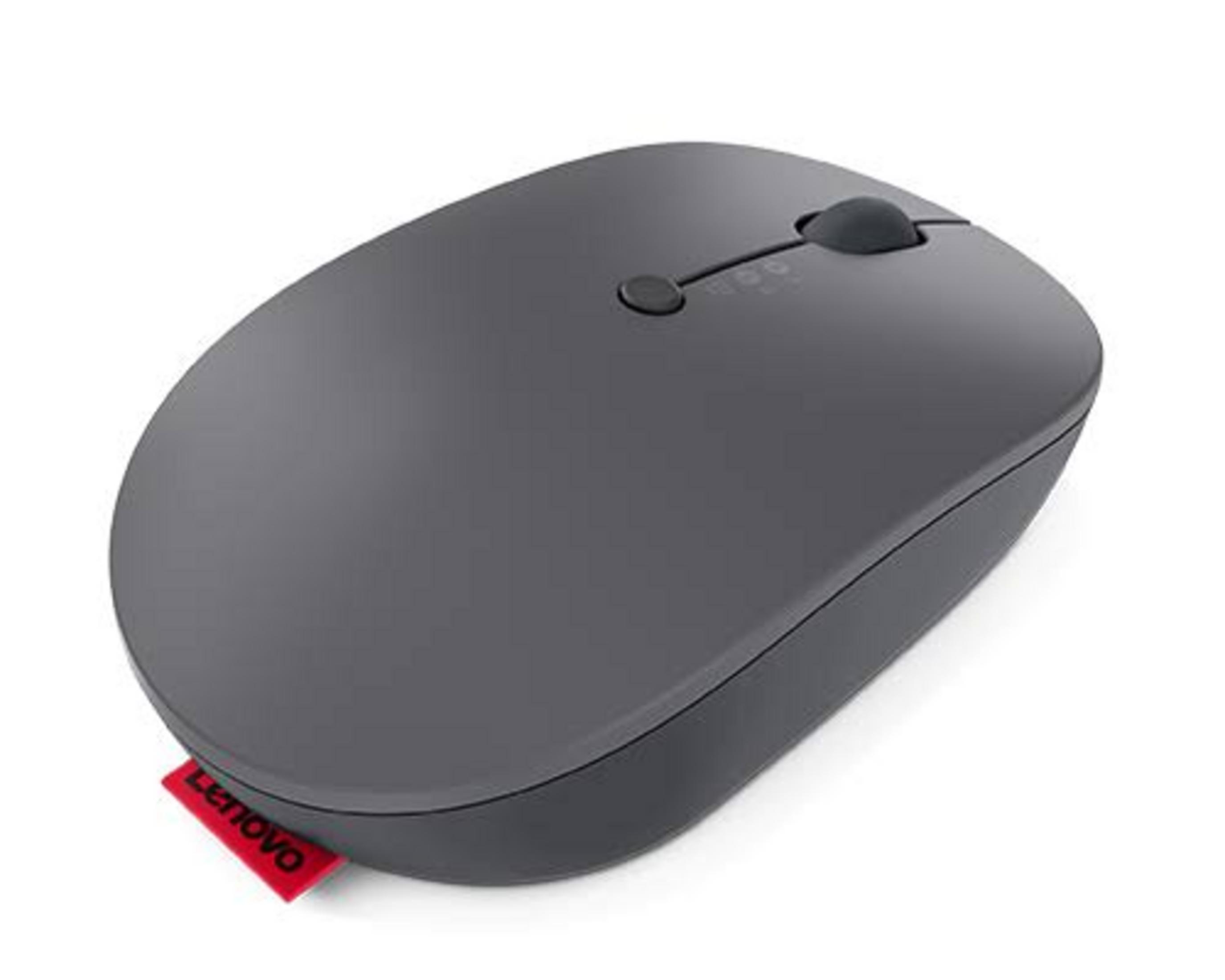 Un mouse Lenovo grigio con logo rosso su sfondo bianco.