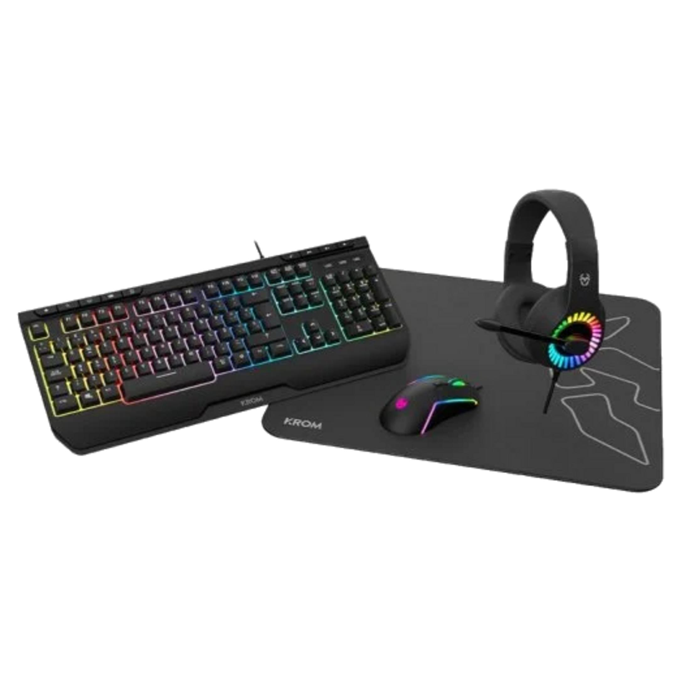 Tastiera, mouse e cuffie da gaming neri con illuminazione RGB su tappetino.