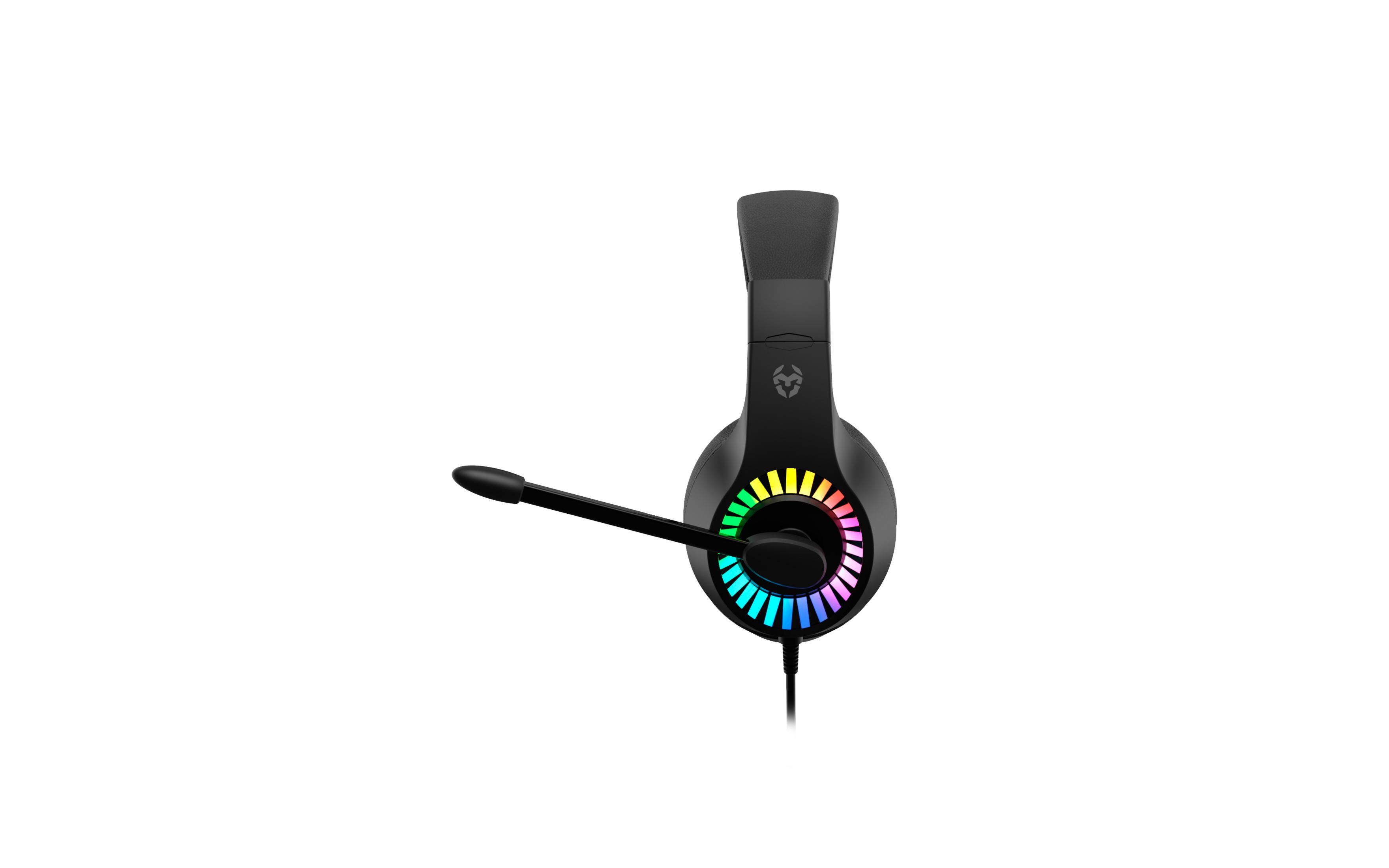 Cuffie da gaming nere con microfono e illuminazione RGB sull'auricolare.